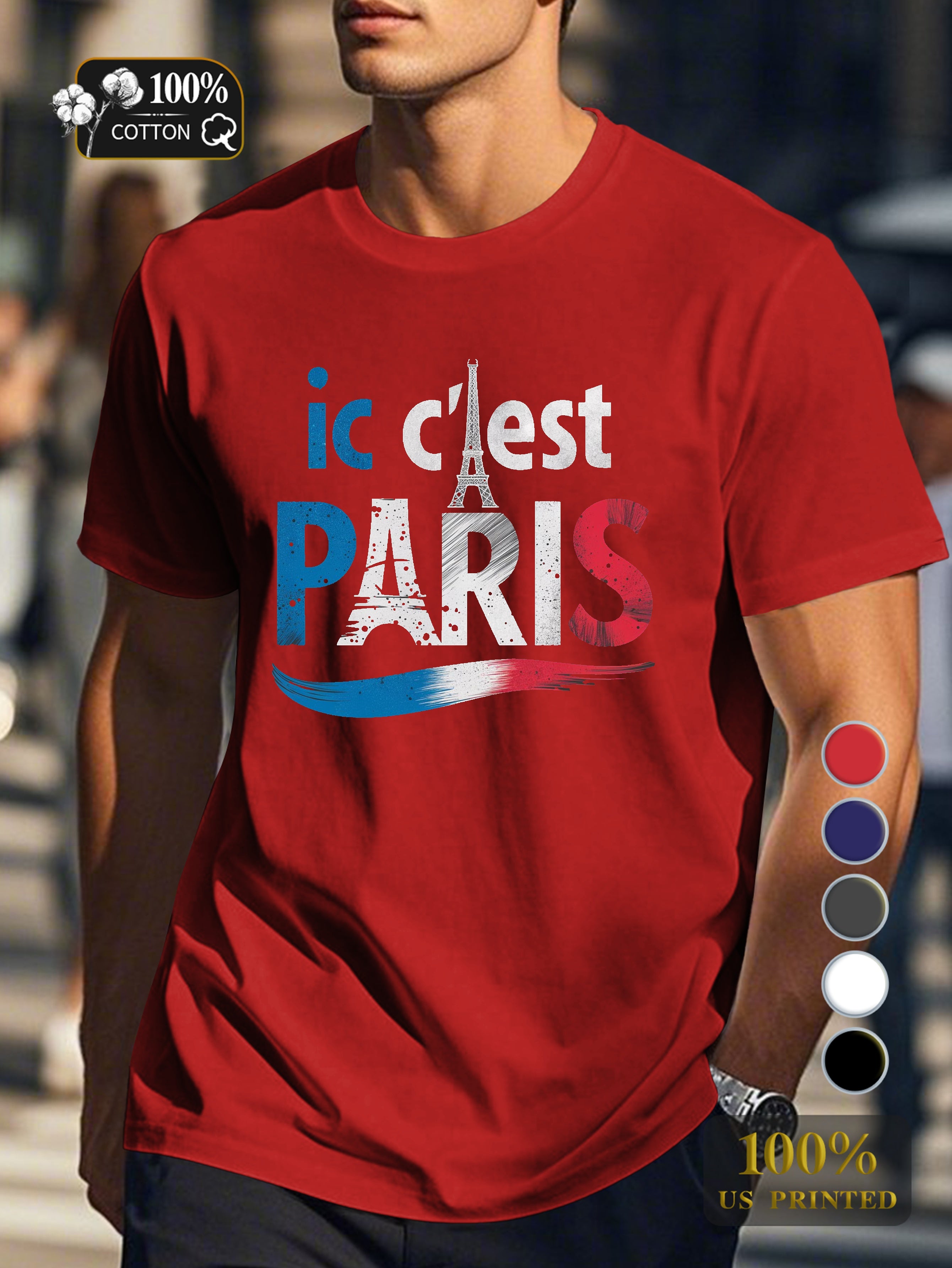 IC C EST PARIS with Eiffel Tower Men's pure cotton Tshirt Comfort Fit