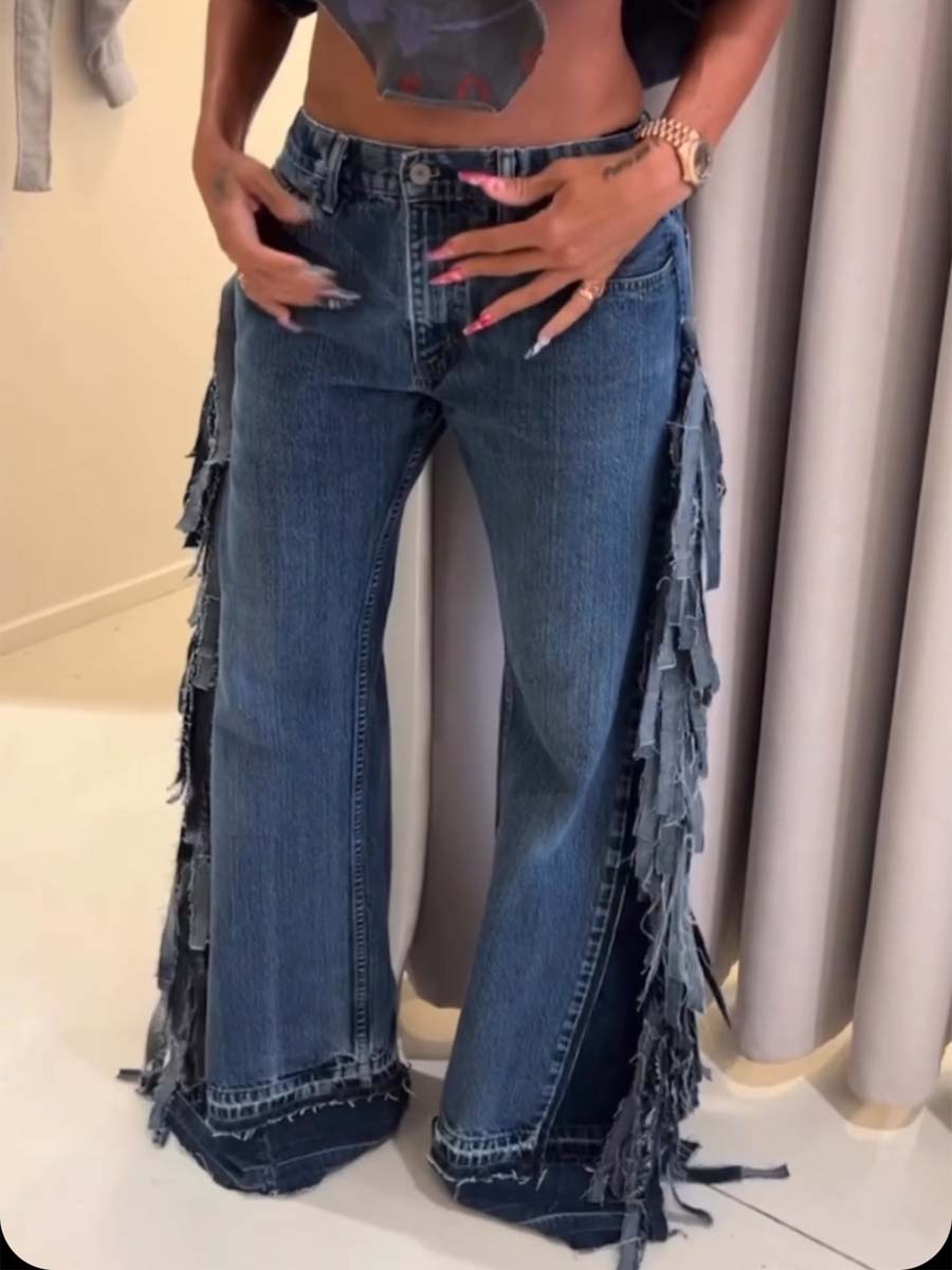 Denim Wide Leg Fringe Jeans