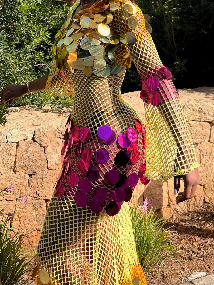 Fashion Sequined Hollowed Out Sexy Maxi Dress