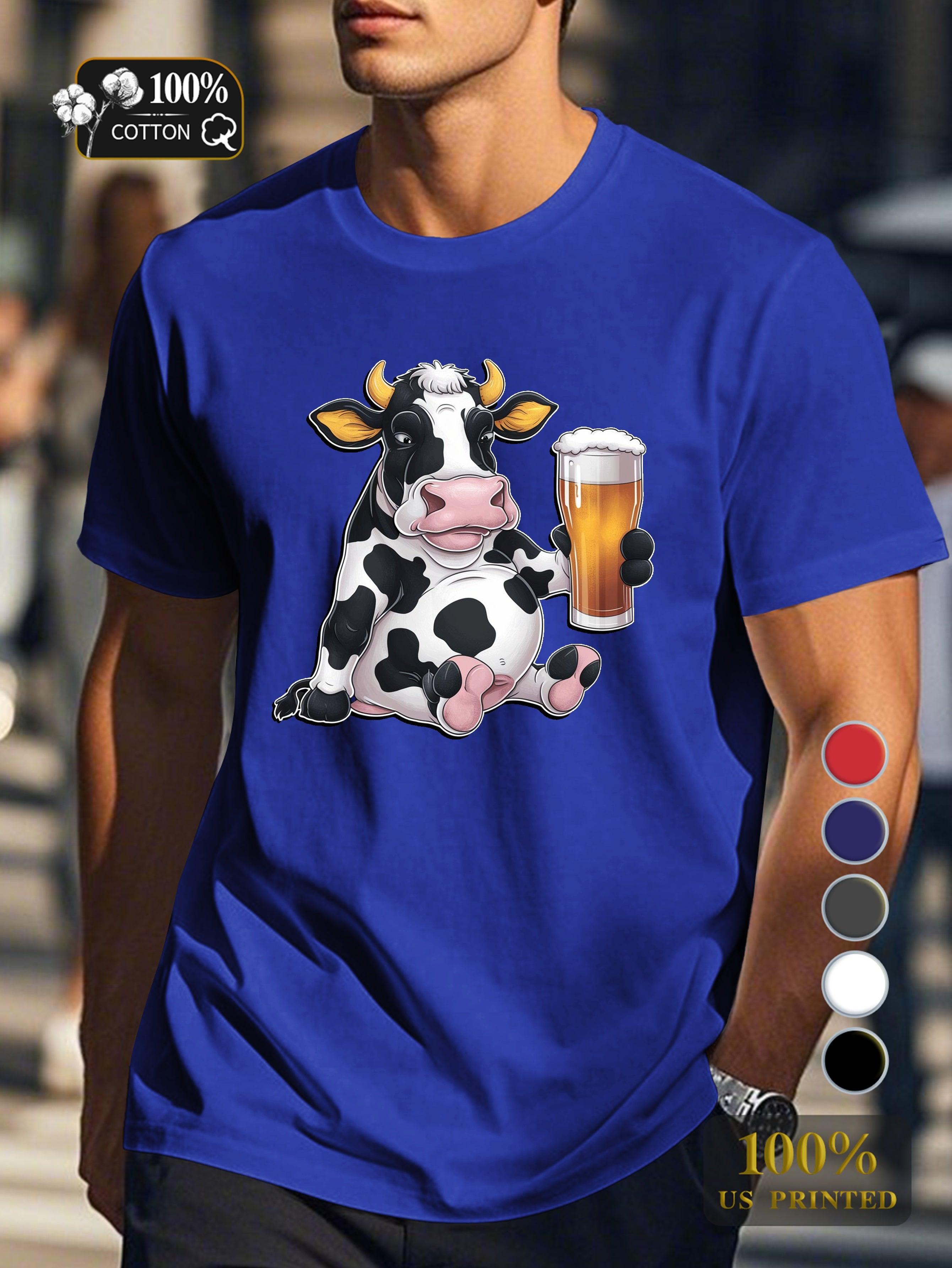 anthropomorphic Holstein cow with beer Men's pure cotton Tshirt Comfort Fit