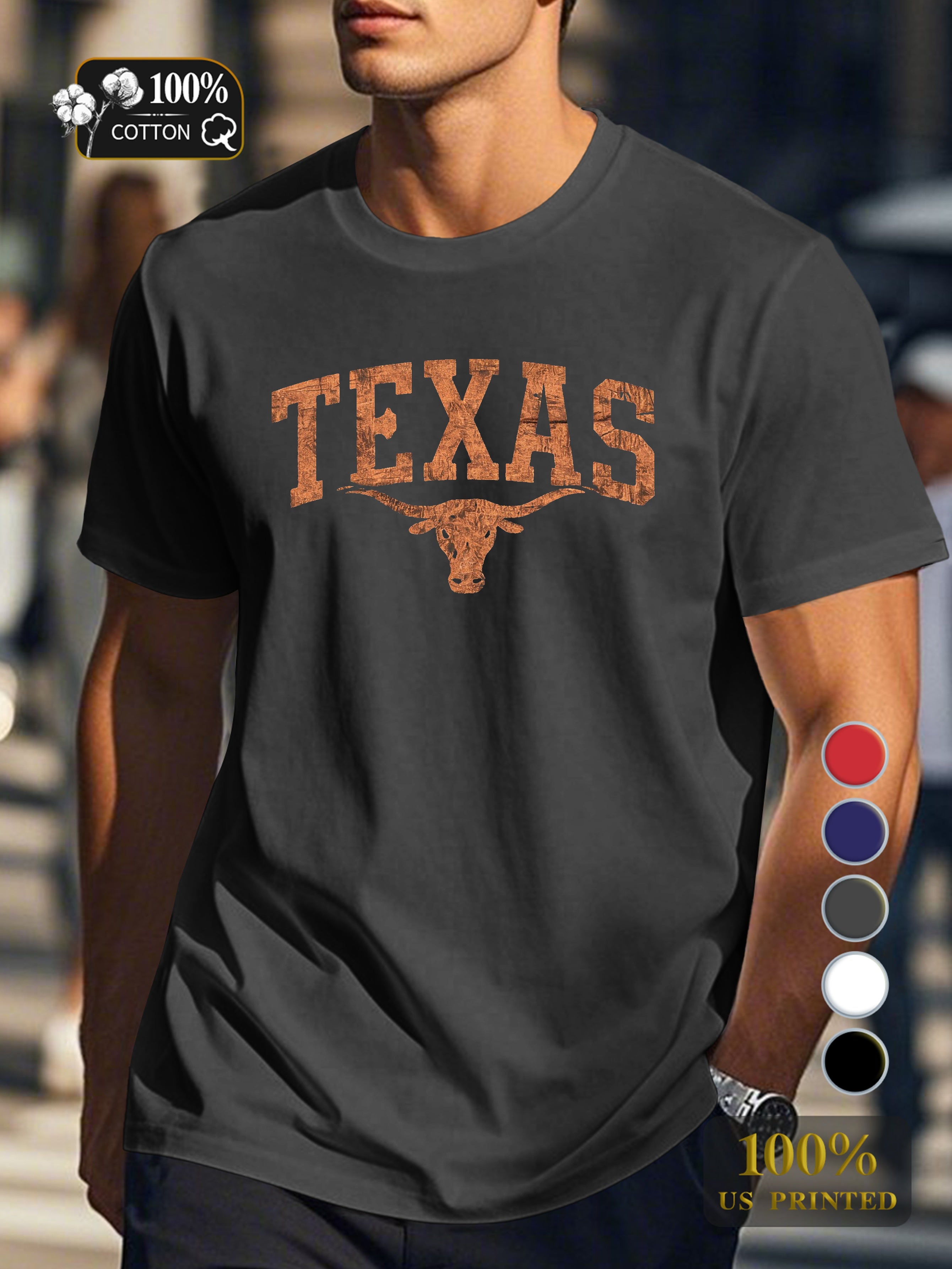 Texas typography with longhorn emblem Men's pure cotton Tshirt Comfort Fit