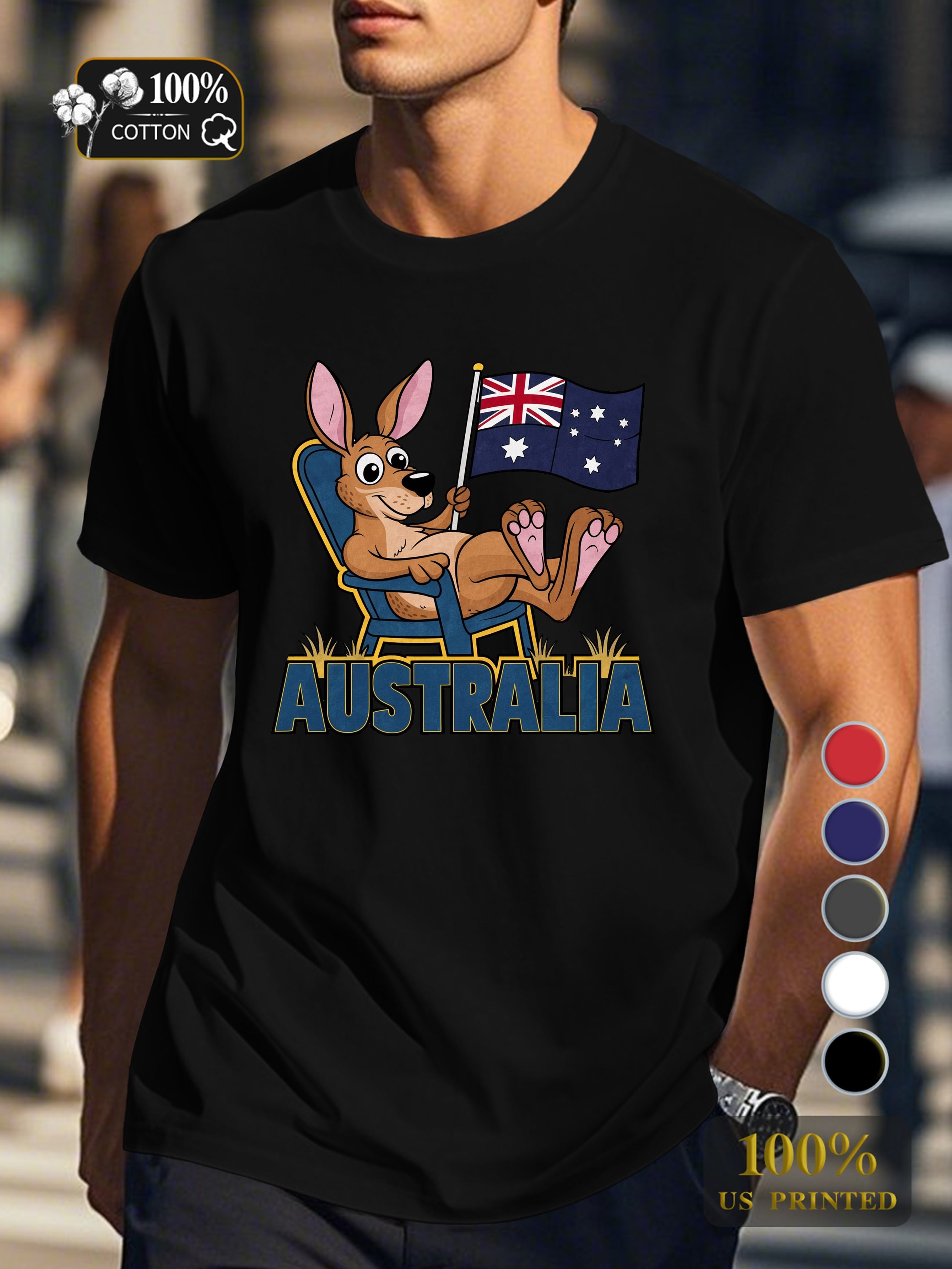 Cartoon kangaroo with flag Men's pure cotton Tshirt Comfort Fit