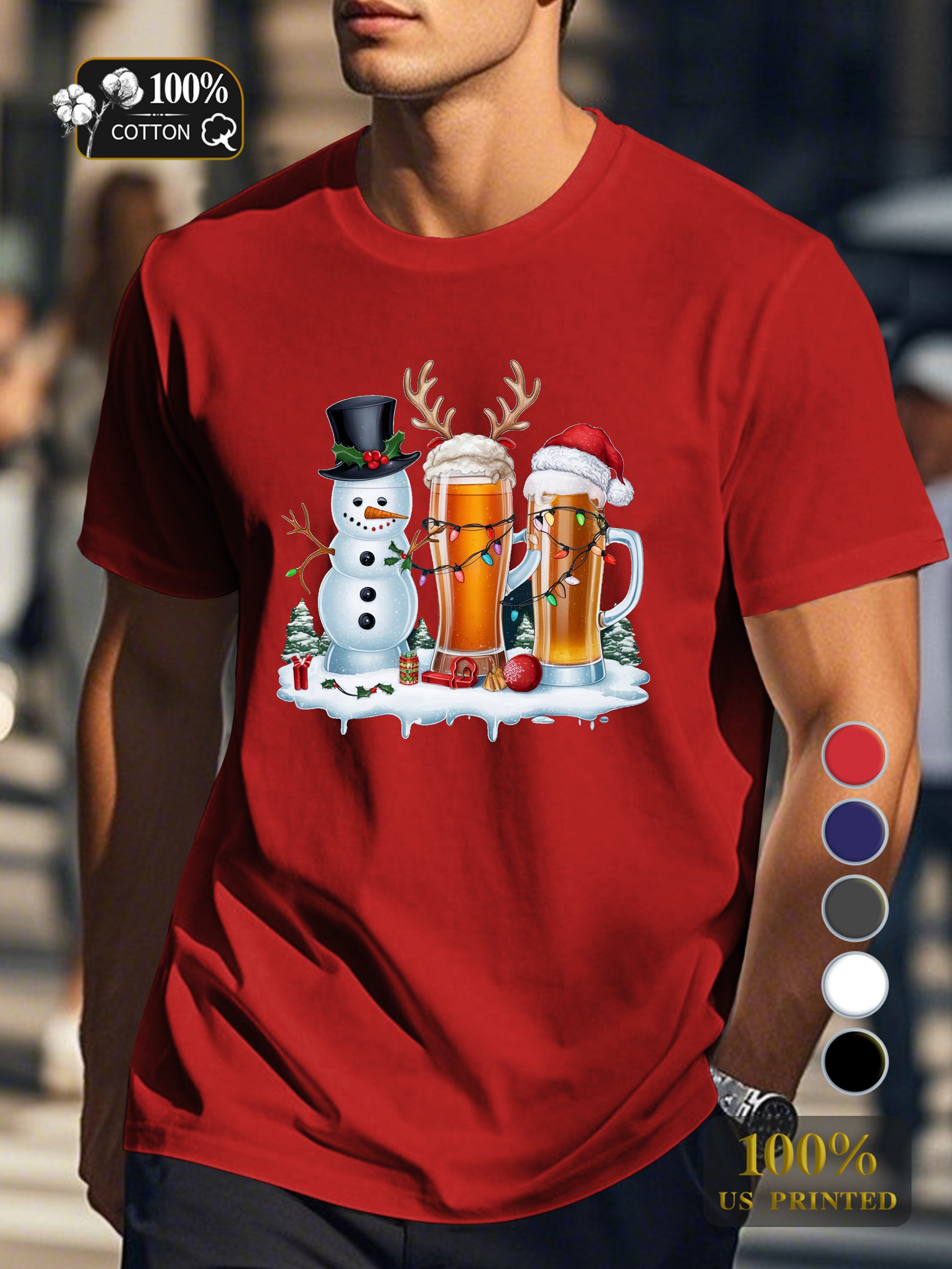 Holiday themed beer glasses Men's pure cotton Tshirt Comfort Fit