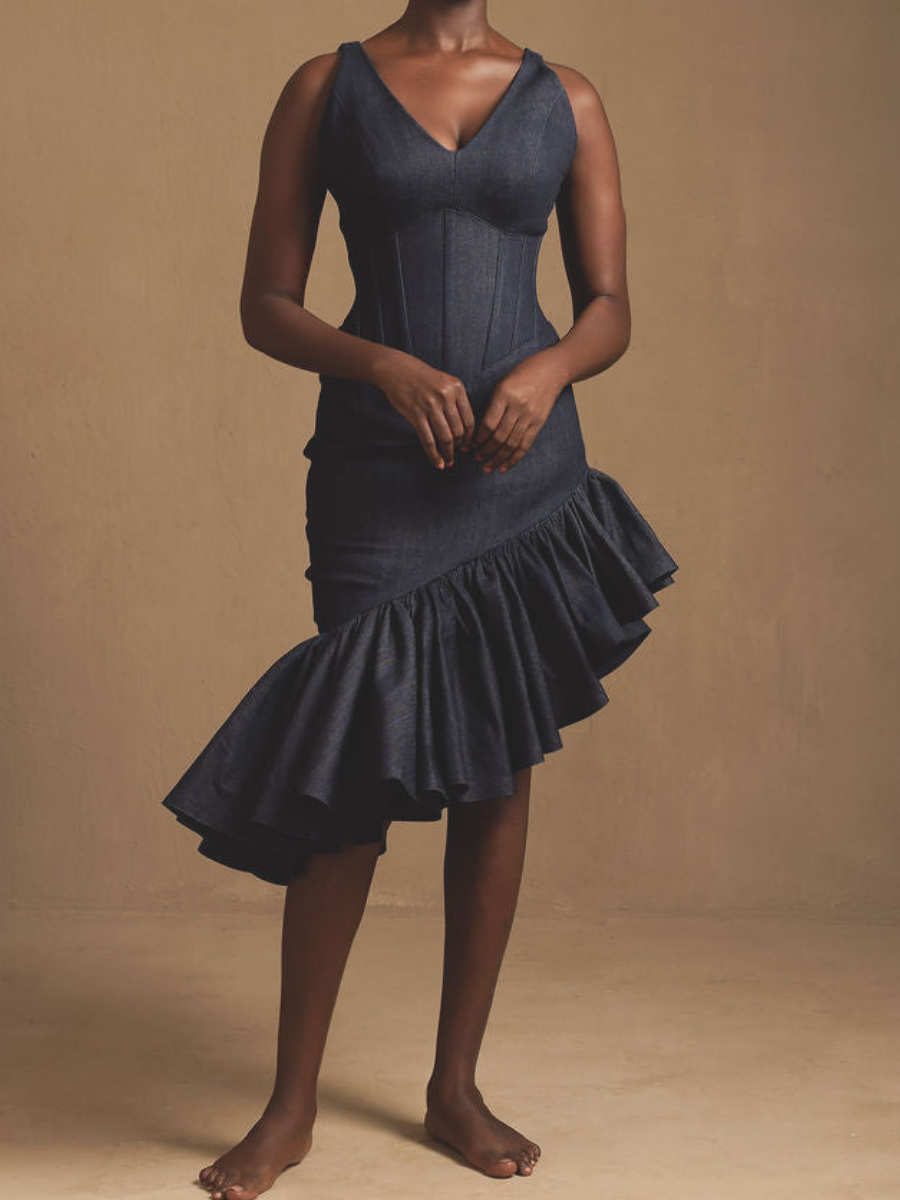 V-Neck Tight Waist Ruffle Irregular Dress