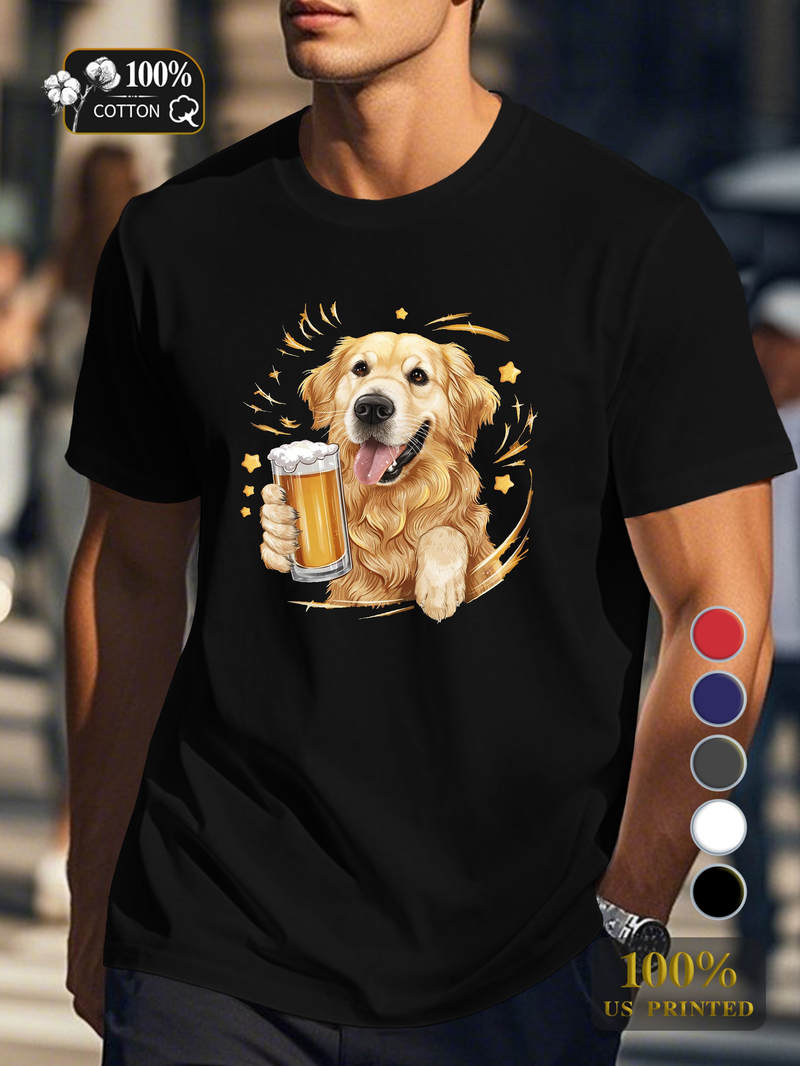 Golden retriever with beer Men's pure cotton Tshirt Comfort Fit