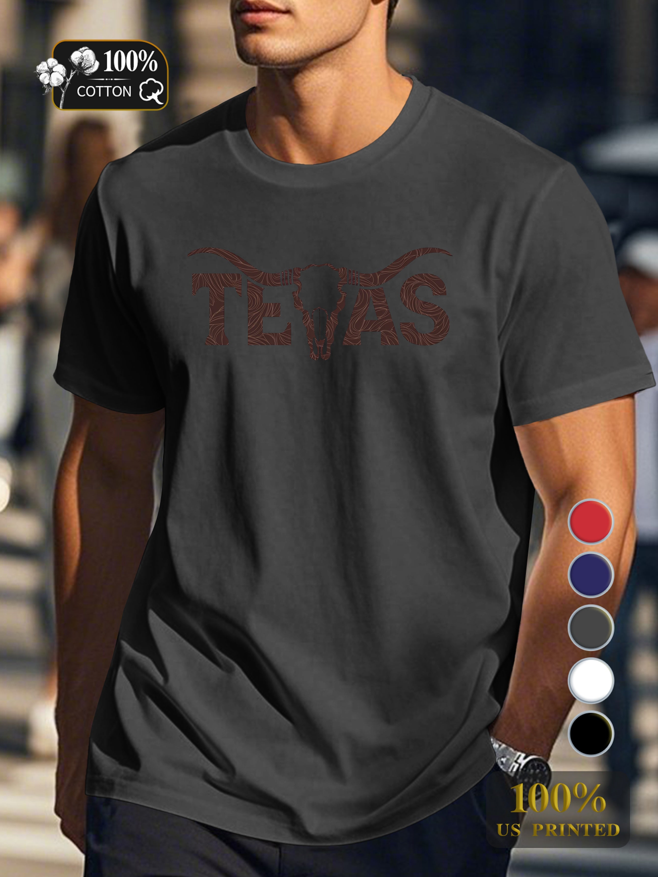 TEXAS with longhorn skull Men's pure cotton Tshirt Comfort Fit