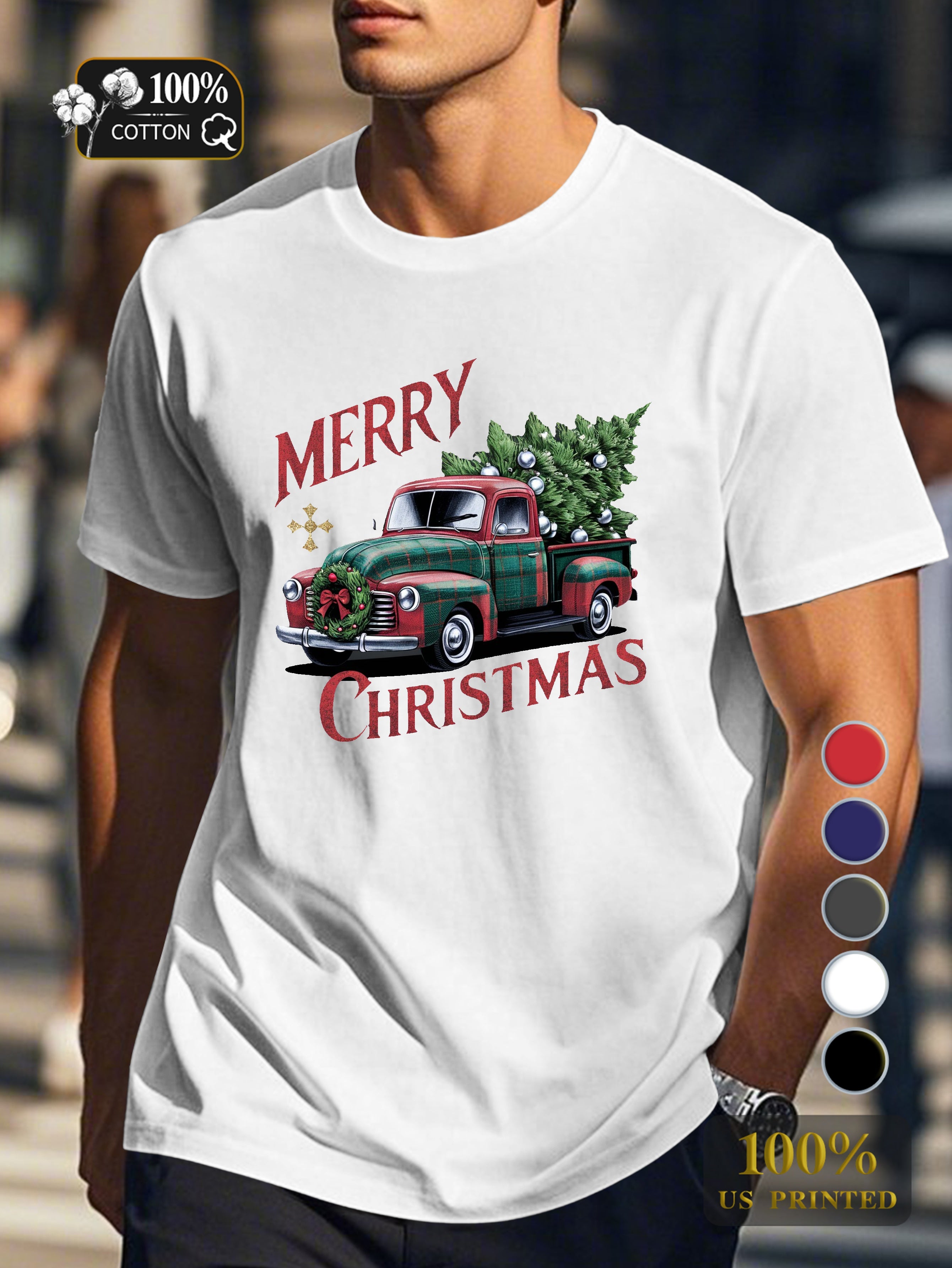 vintage Christmas red truck Men's pure cotton Tshirt Comfort Fit