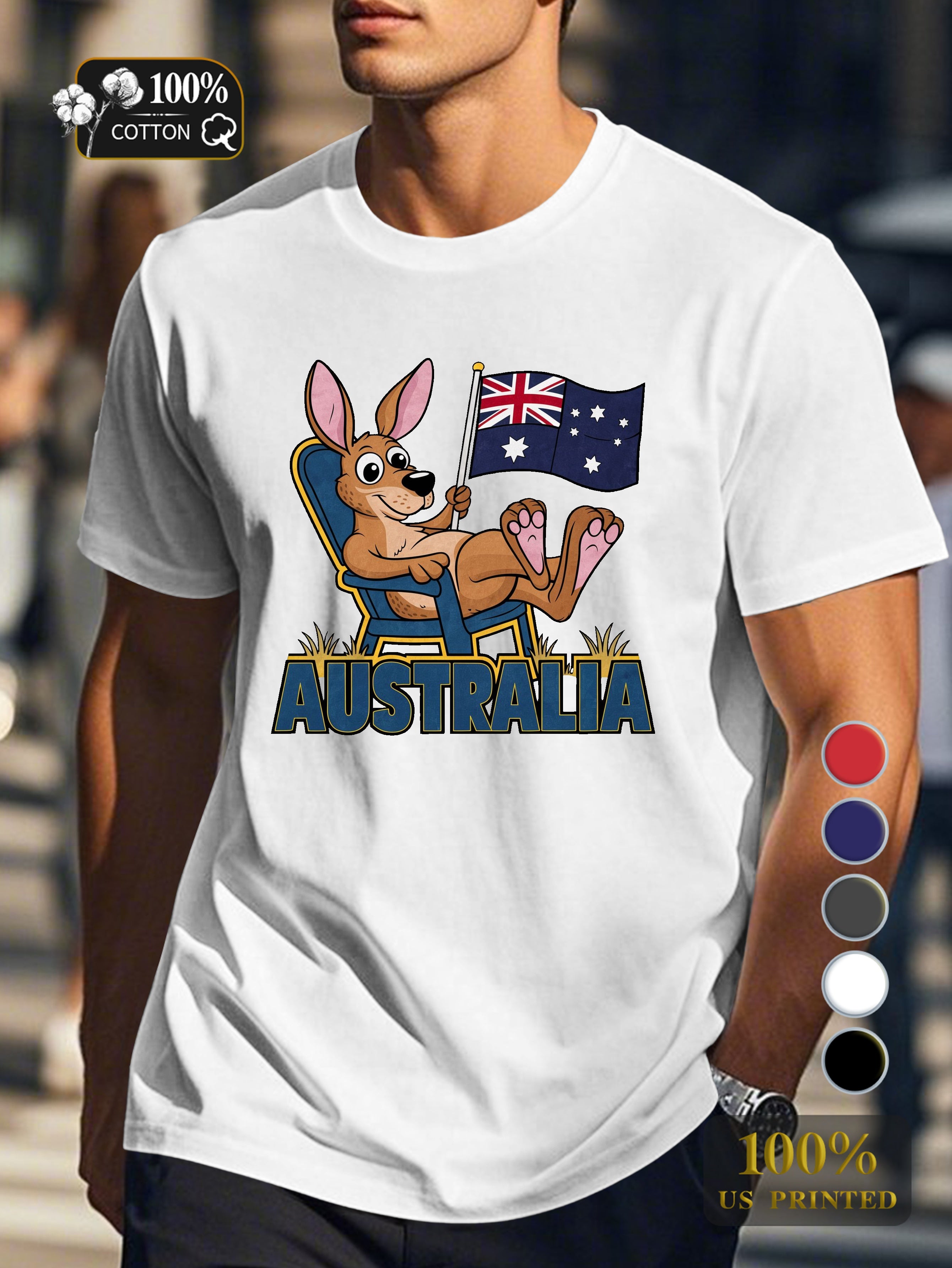 Cartoon kangaroo with flag Men's pure cotton Tshirt Comfort Fit