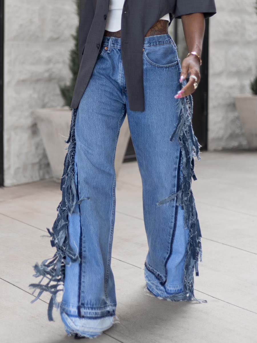 Denim Wide Leg Fringe Jeans