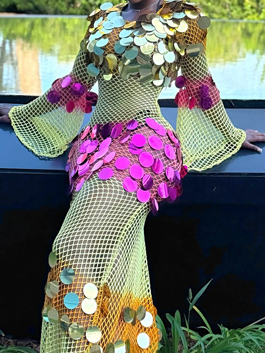 Fashion Sequined Hollowed Out Sexy Maxi Dress