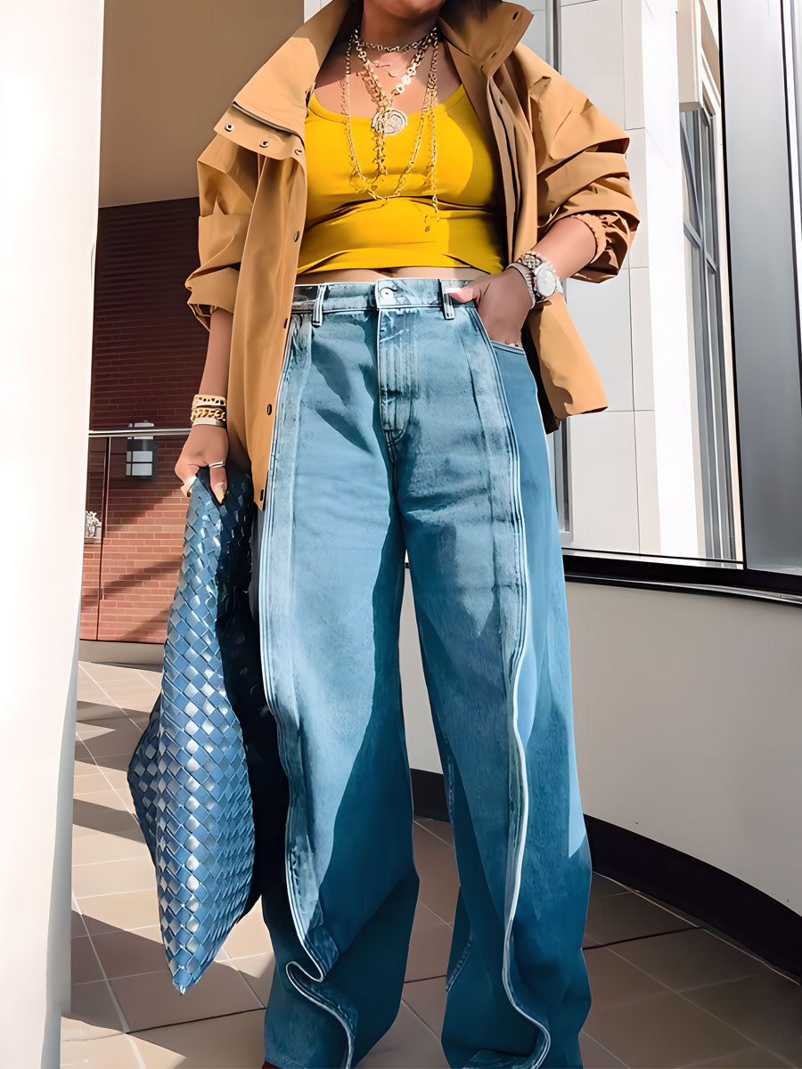 Lapped Seams At Front Wide-leg Jeans