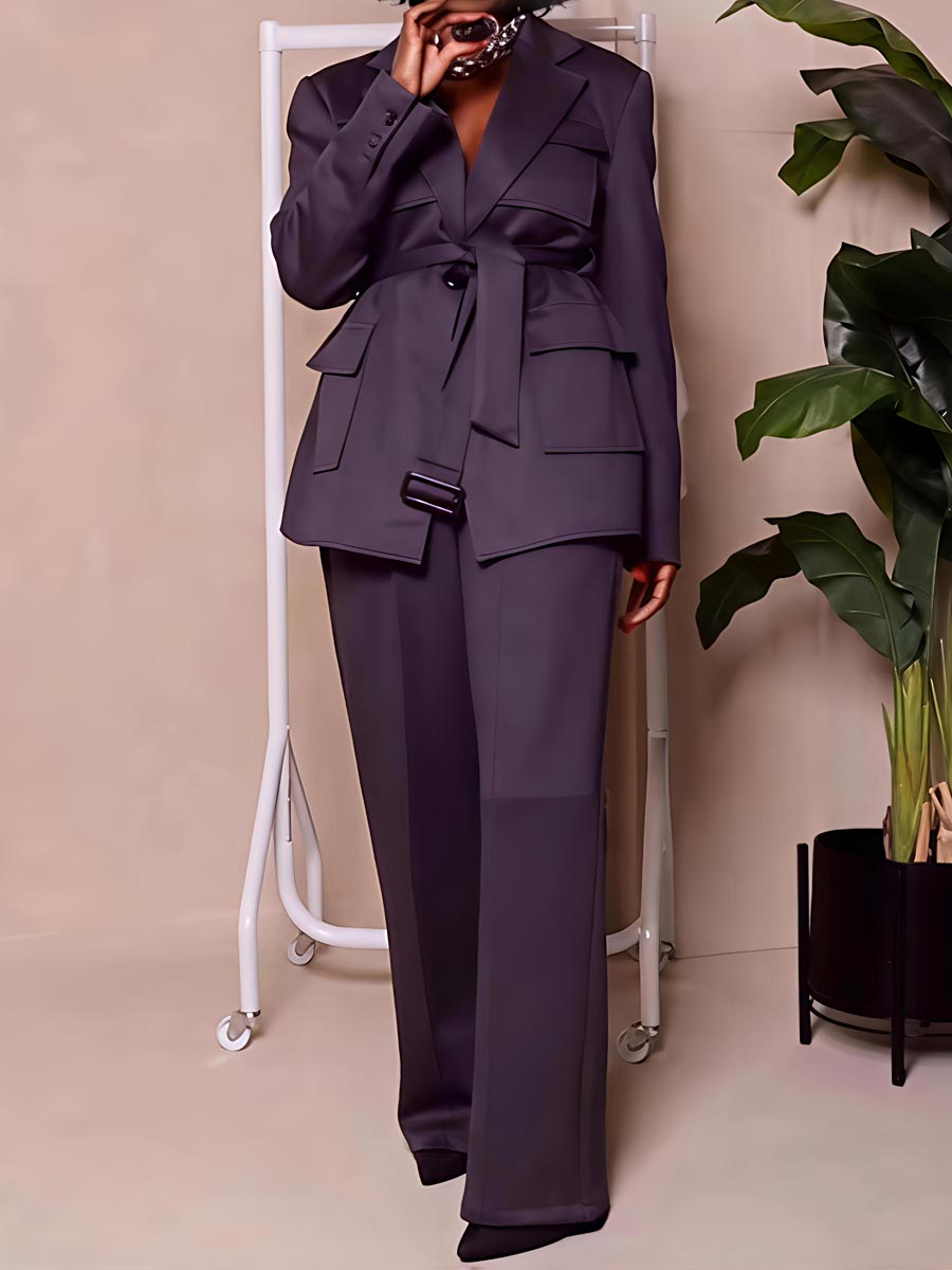 Fashion Pockets Belted Two Pieces Set