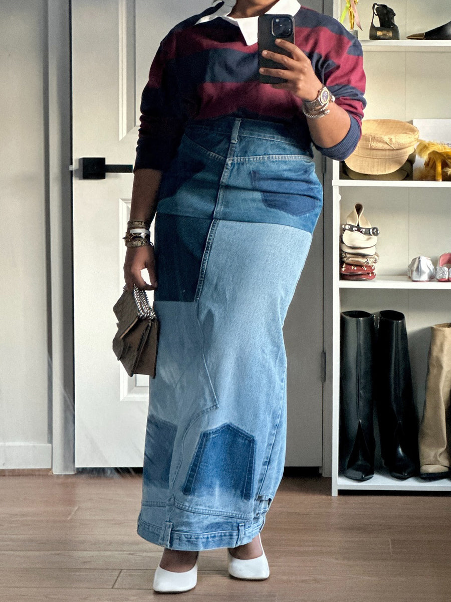 Denim High Waist Printed Maxi Skirt