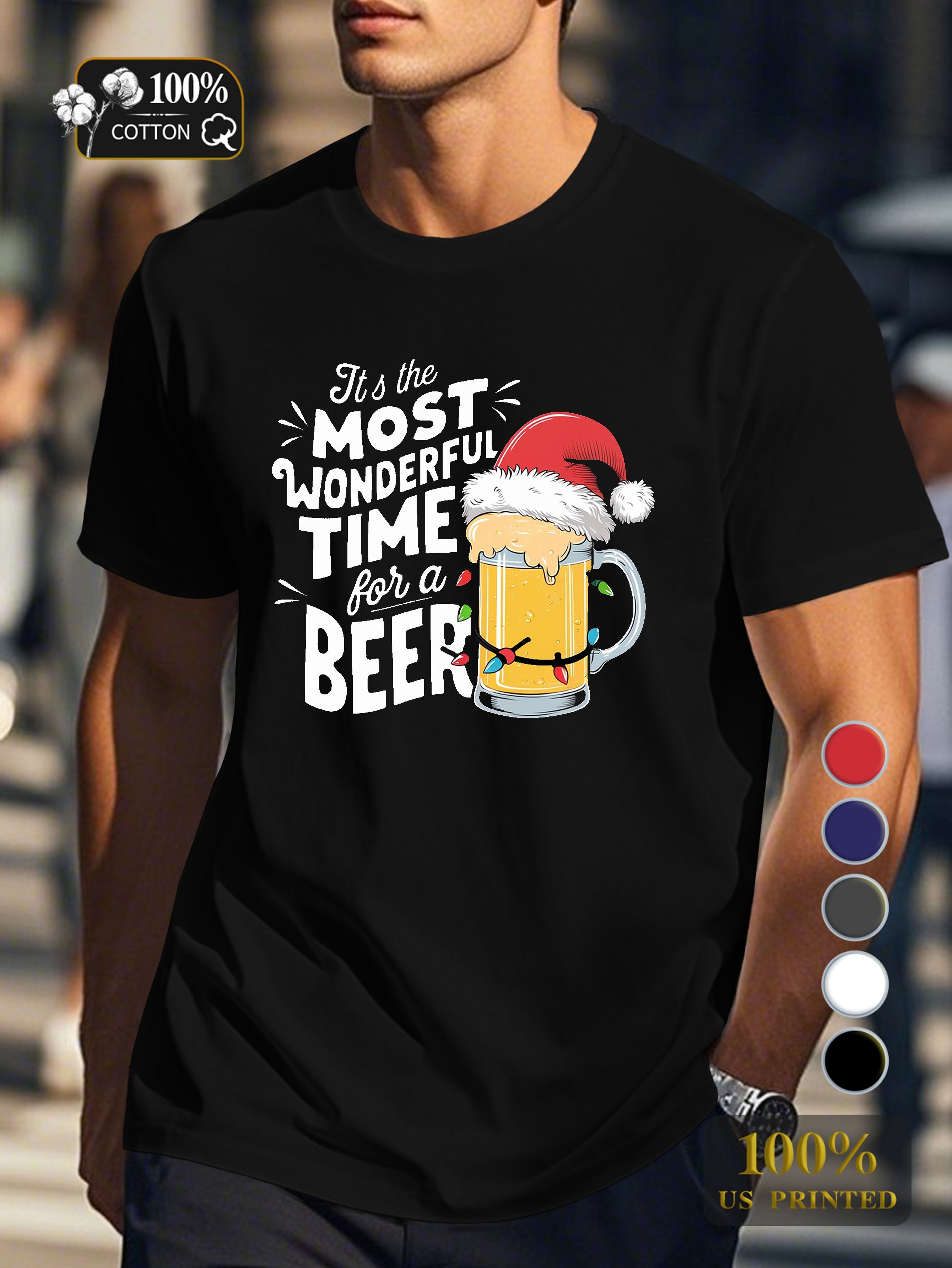 Beer mug with Santa hat Men's pure cotton Tshirt Comfort Fit