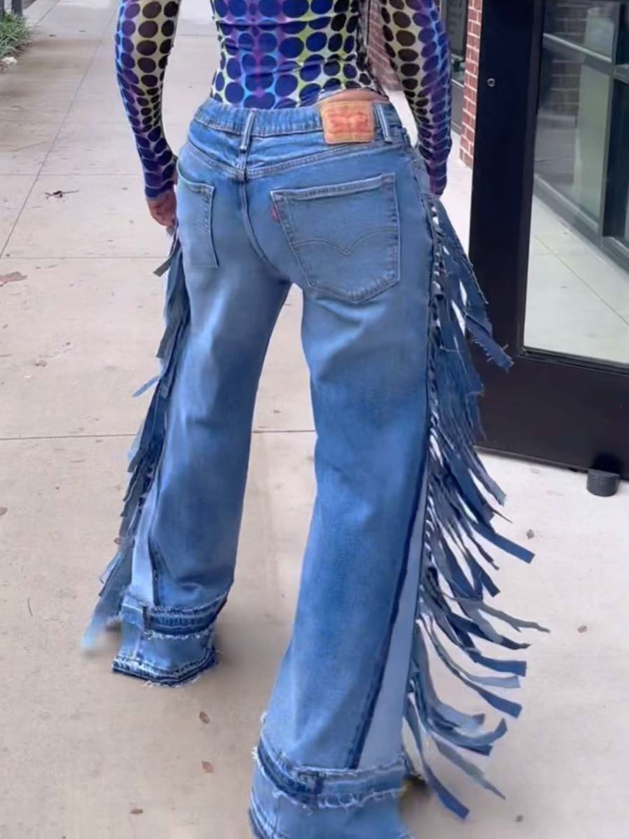 Denim Wide Leg Fringe Jeans