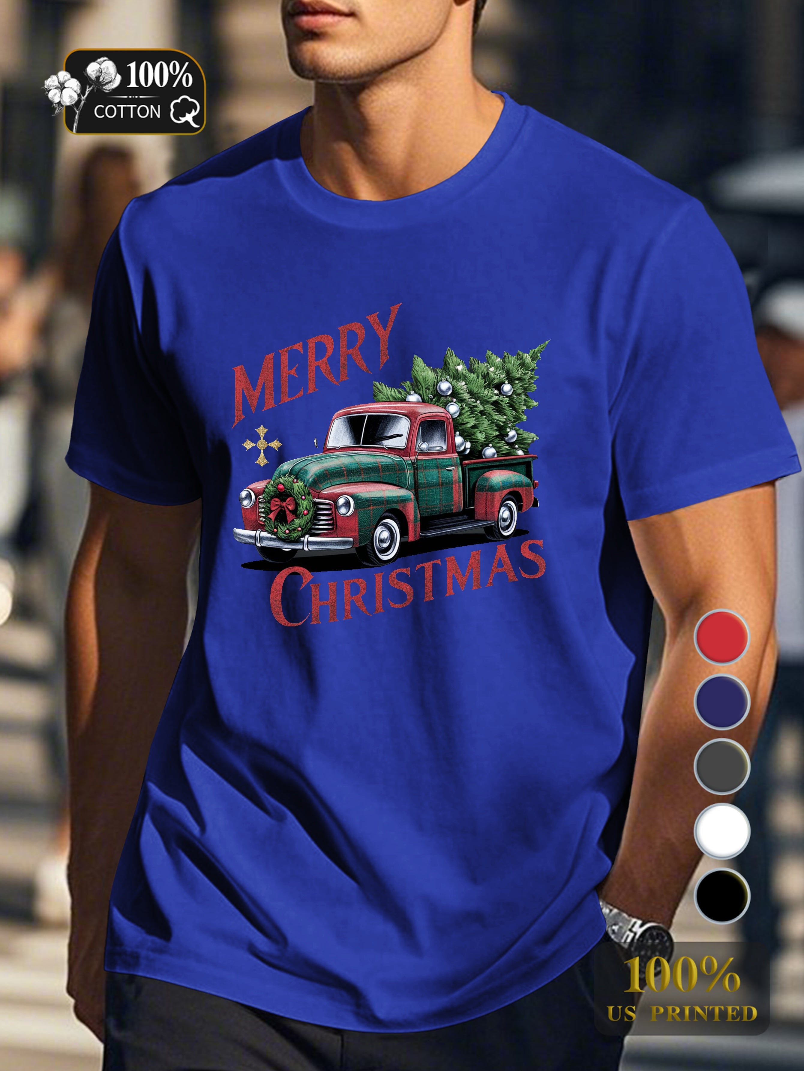 vintage Christmas red truck Men's pure cotton Tshirt Comfort Fit