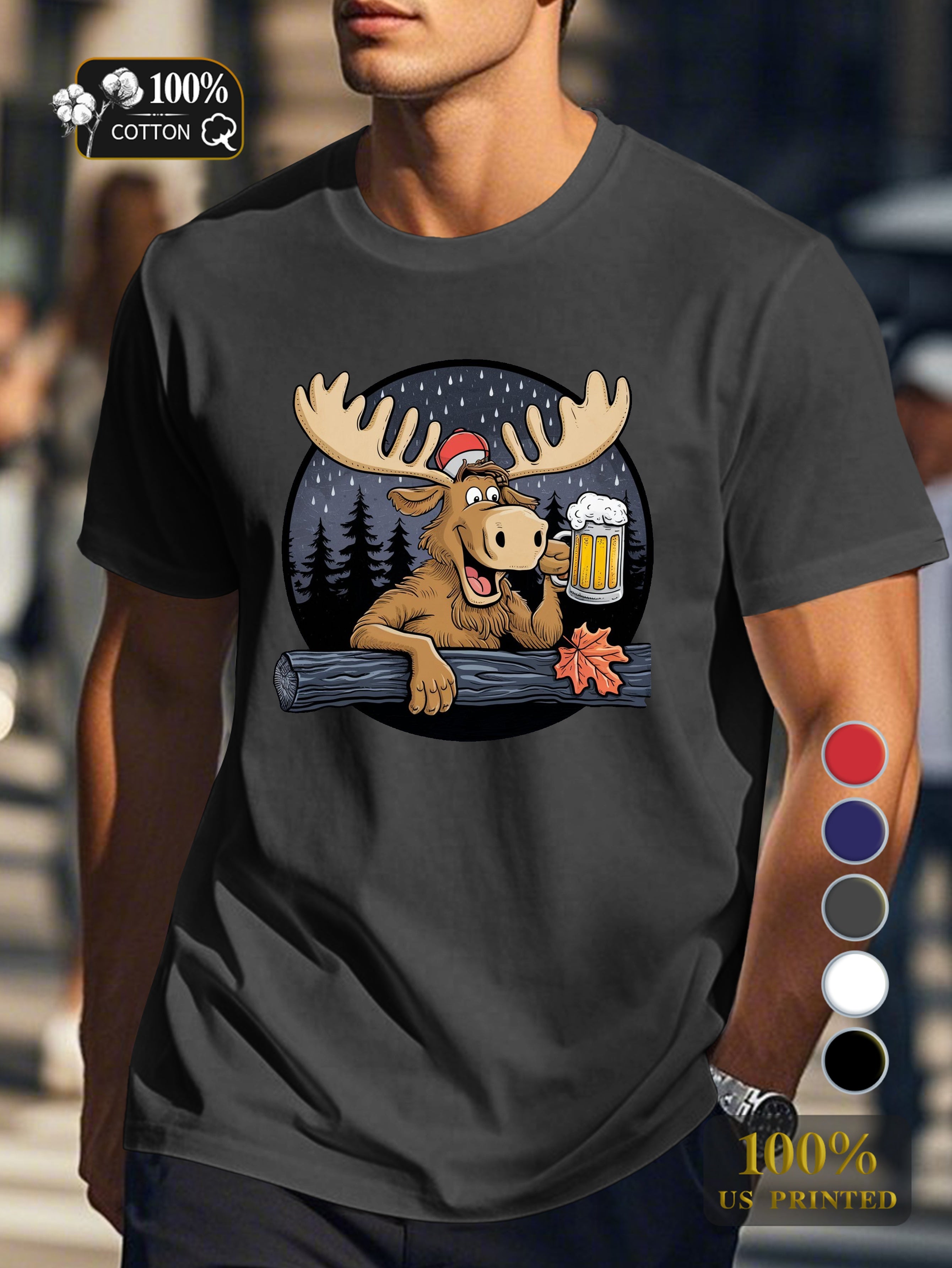 cheerful moose with beer Men's pure cotton Tshirt Comfort Fit