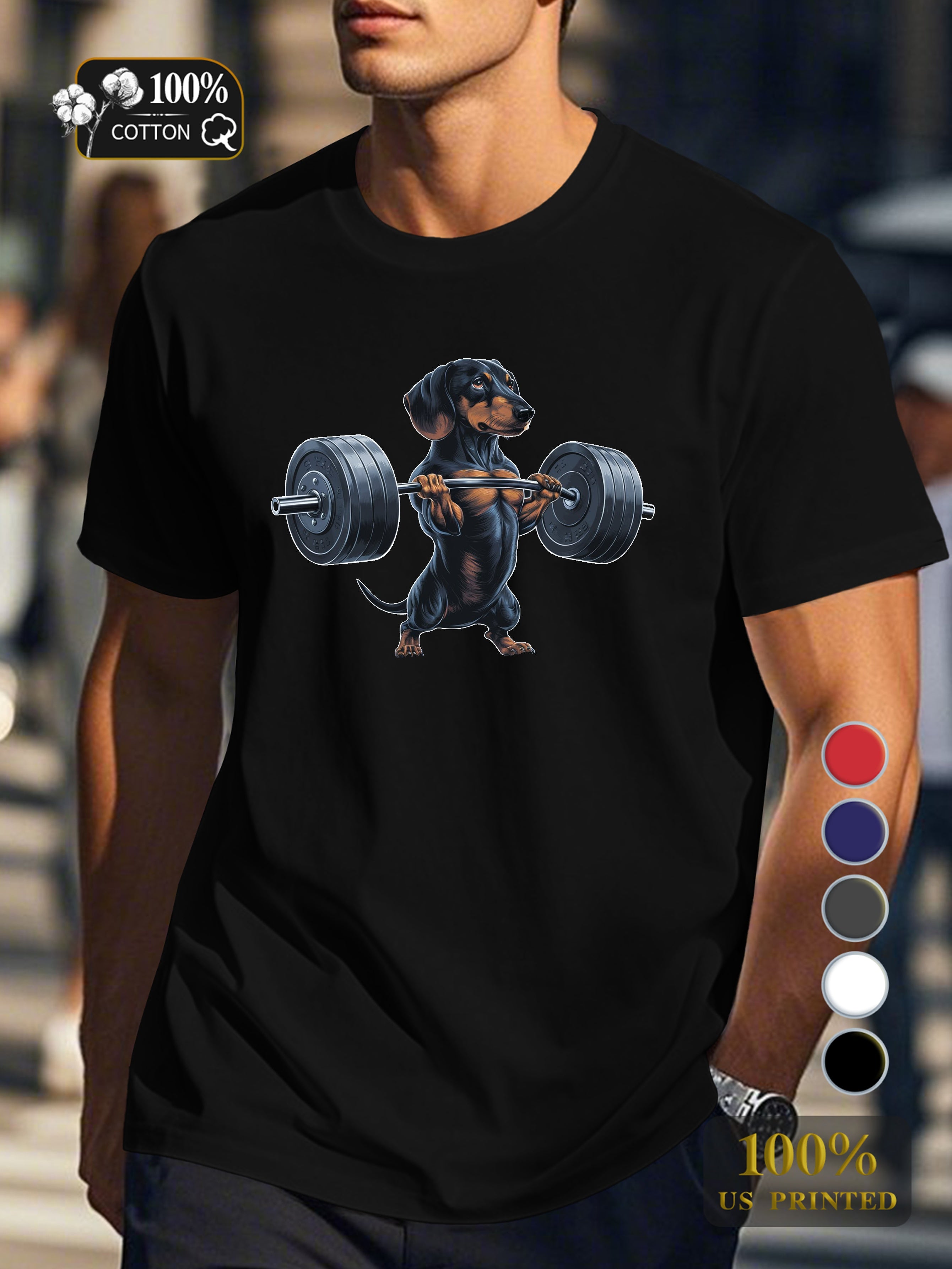 muscular dachshund lifting barbell Men's pure cotton Tshirt Comfort Fit