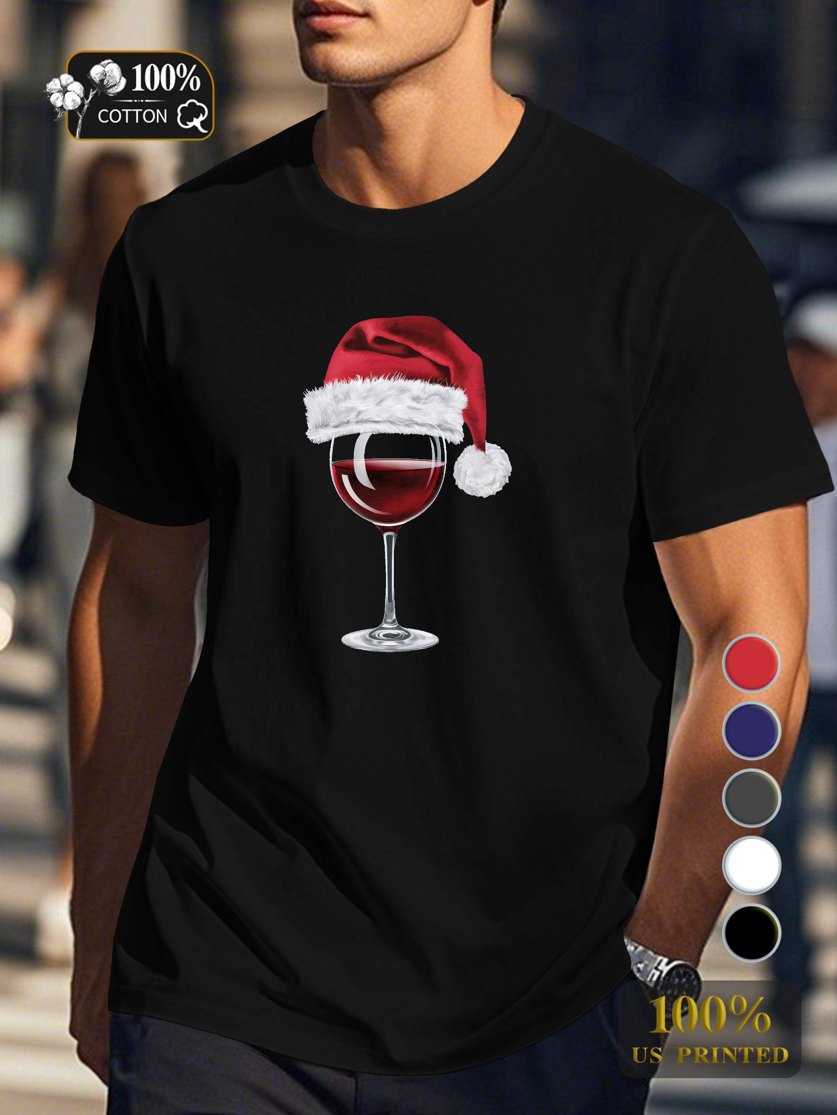 Santa hat on wine glass Men's pure cotton Tshirt Comfort Fit