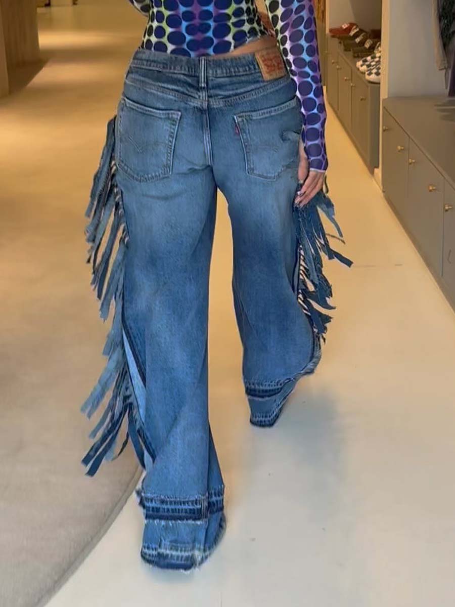 Denim Wide Leg Fringe Jeans