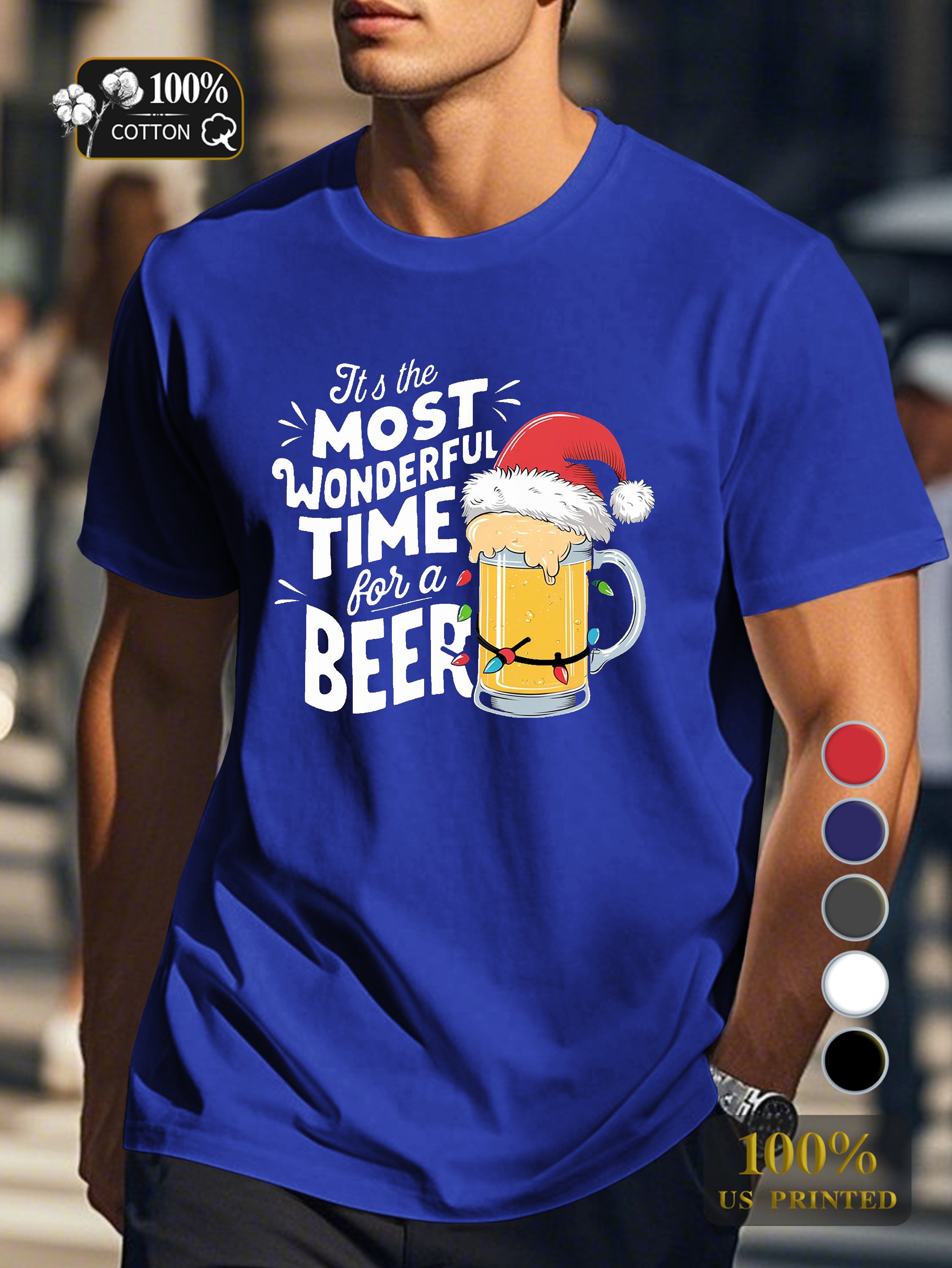 Beer mug with Santa hat Men's pure cotton Tshirt Comfort Fit