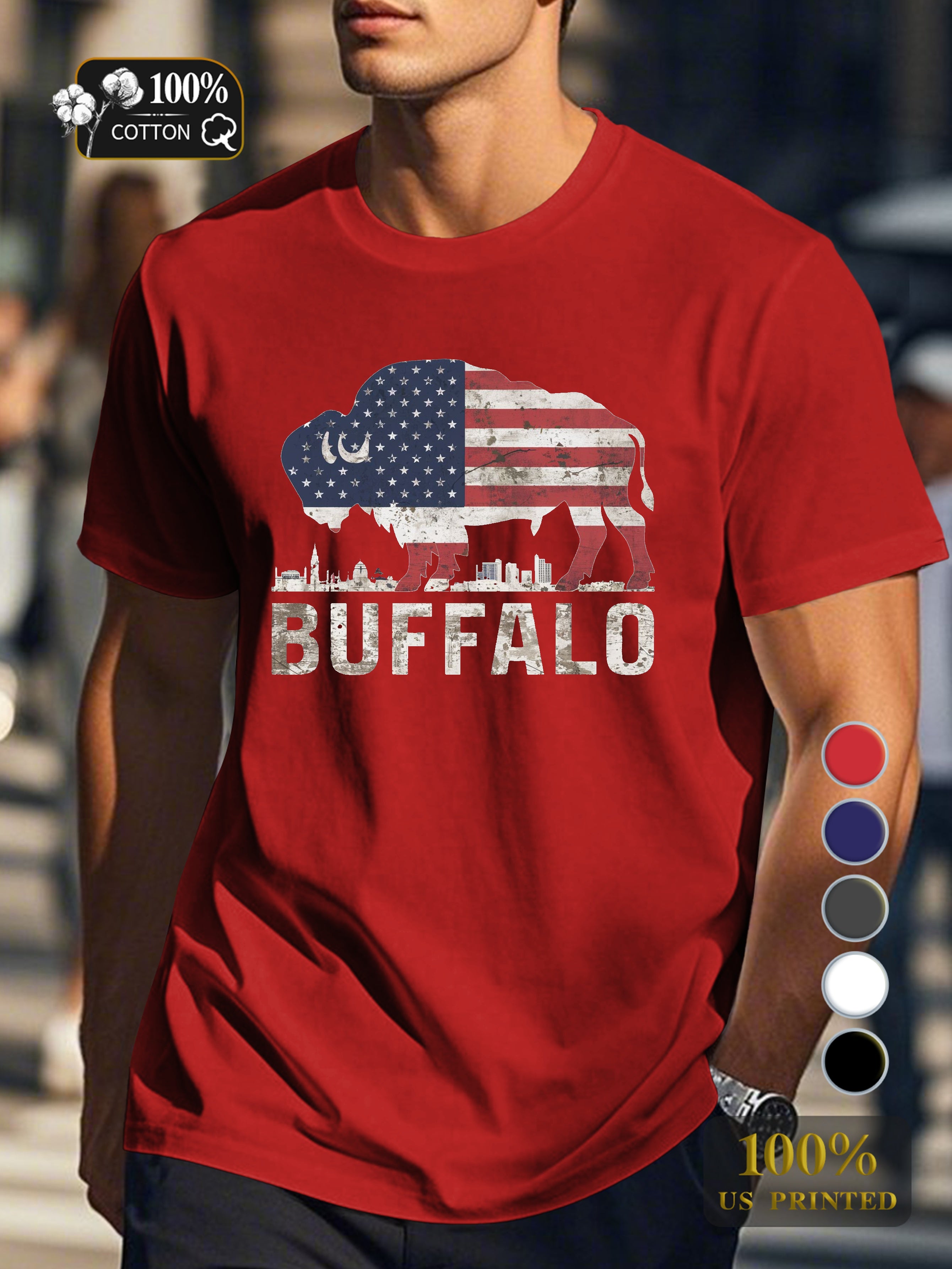 Patriotic buffalo design Men's pure cotton Tshirt Comfort Fit