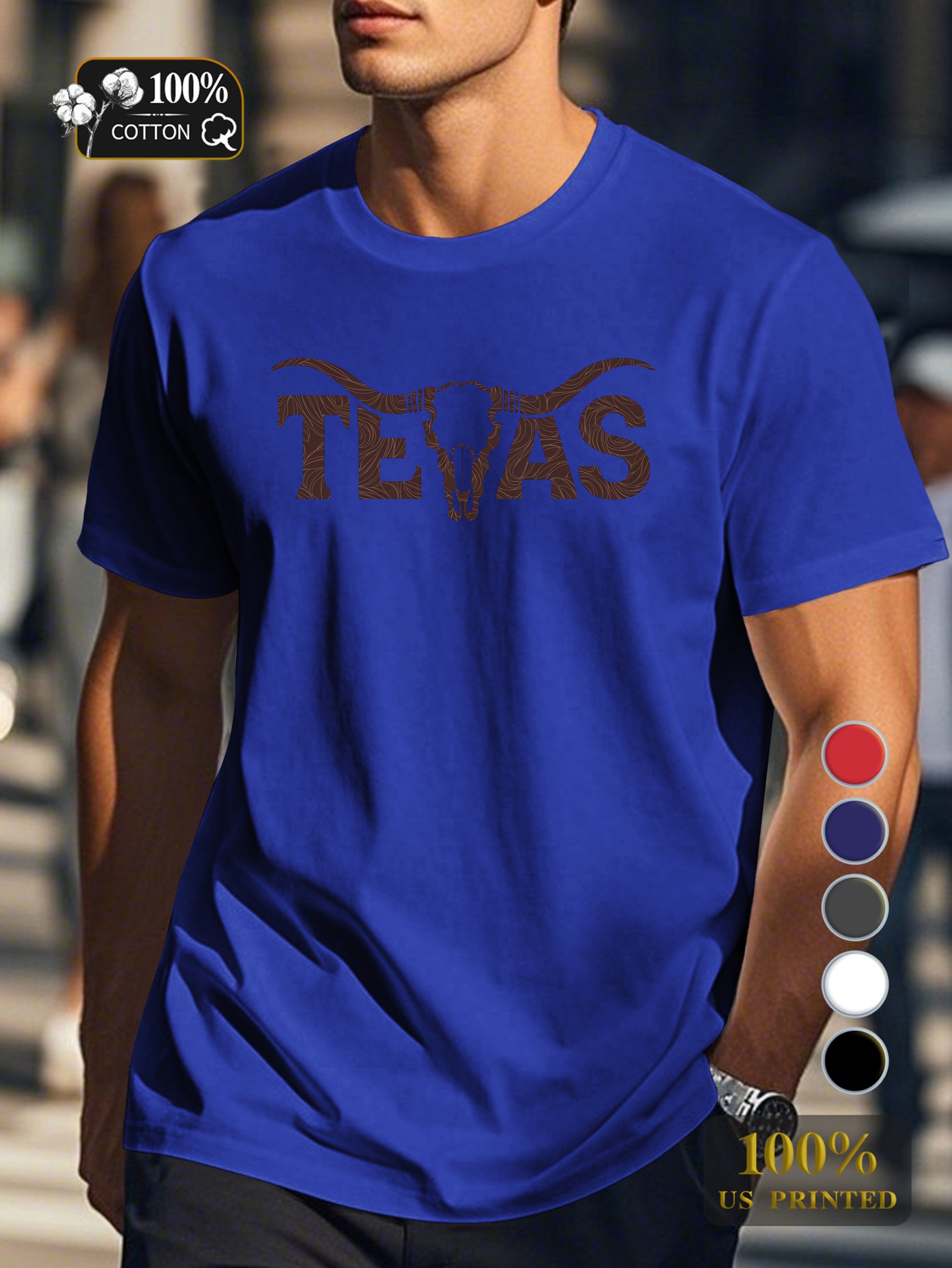 TEXAS with longhorn skull Men's pure cotton Tshirt Comfort Fit