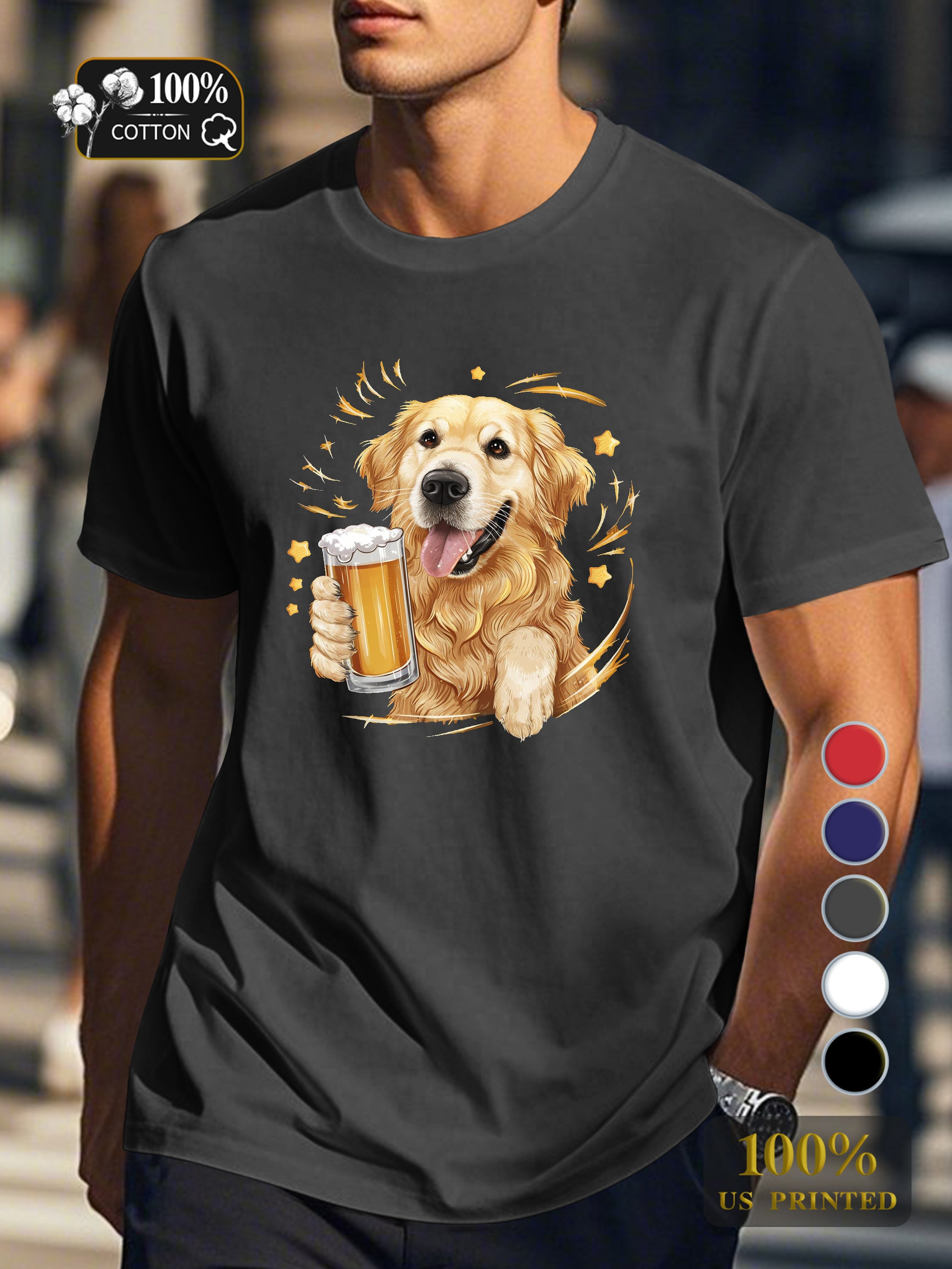 Golden retriever with beer Men's pure cotton Tshirt Comfort Fit
