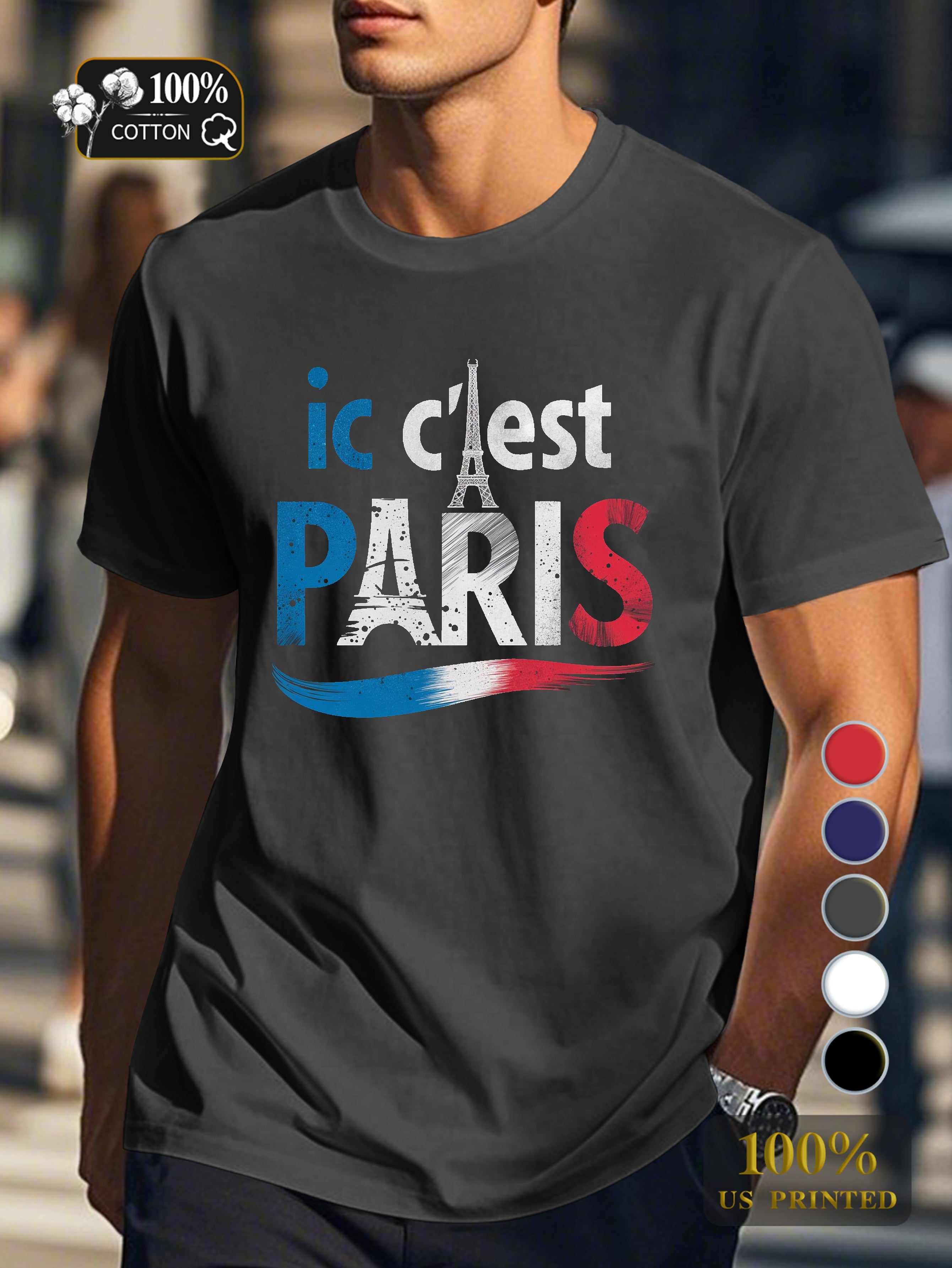 IC C EST PARIS with Eiffel Tower Men's pure cotton Tshirt Comfort Fit