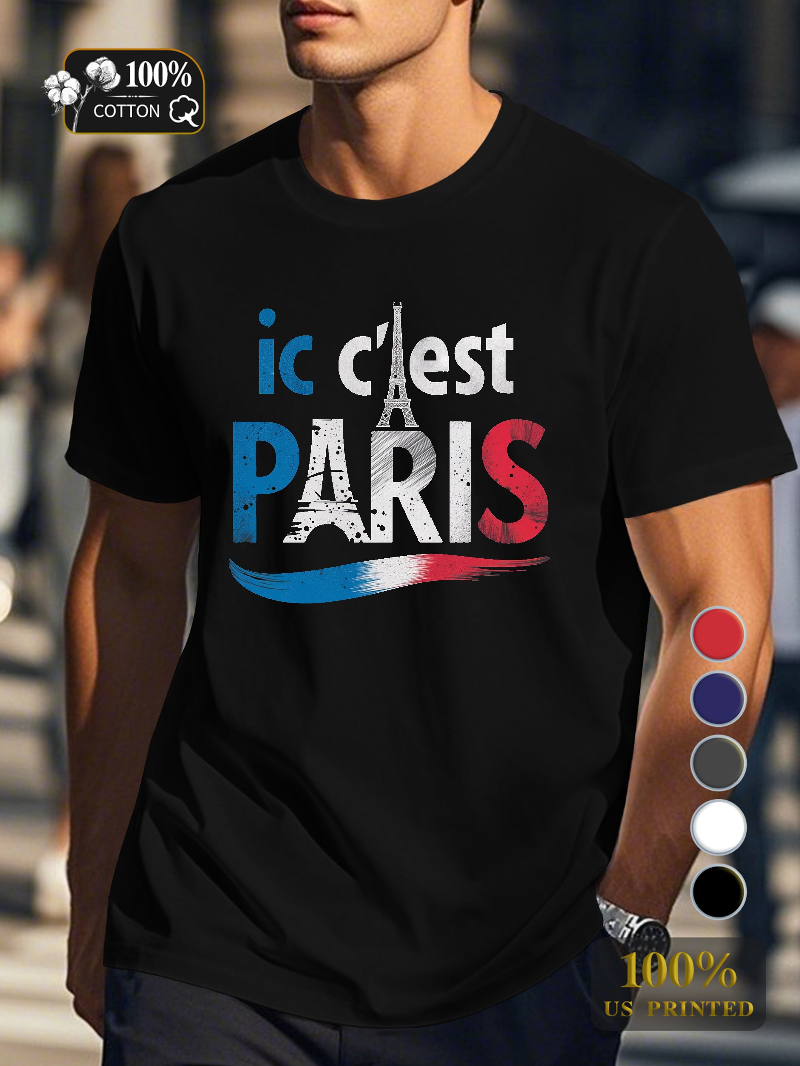 IC C EST PARIS with Eiffel Tower Men's pure cotton Tshirt Comfort Fit