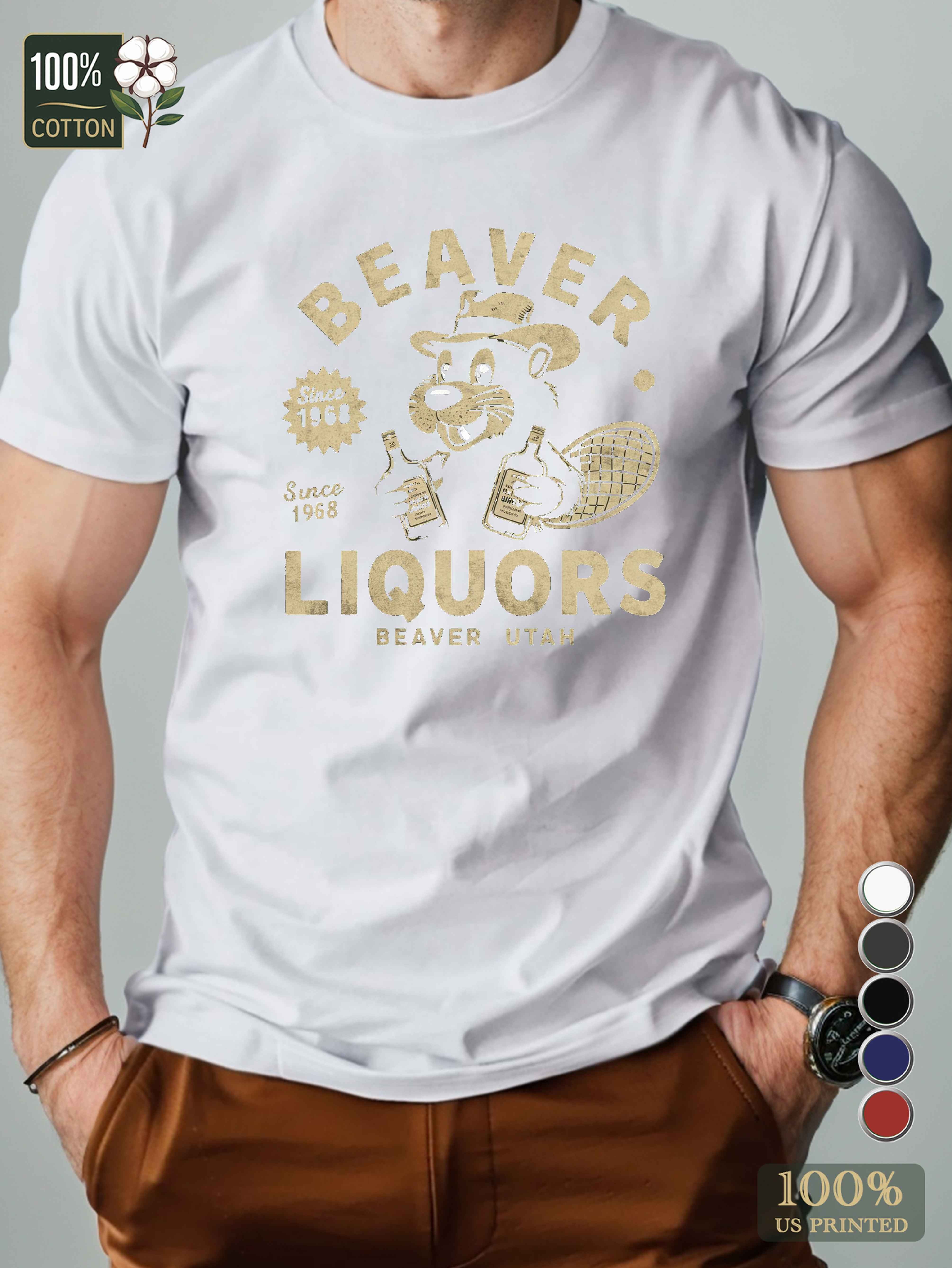 Cartoon beaver with liquor bottles Men's pure cotton Tshirt Comfort Fit