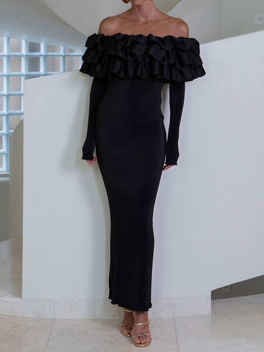 Ruffled Off Shoulder Long Sleeve Dress
