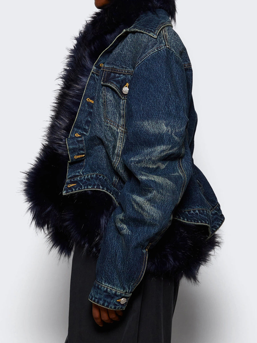 Faux Fur Cinched Denim Jacket
