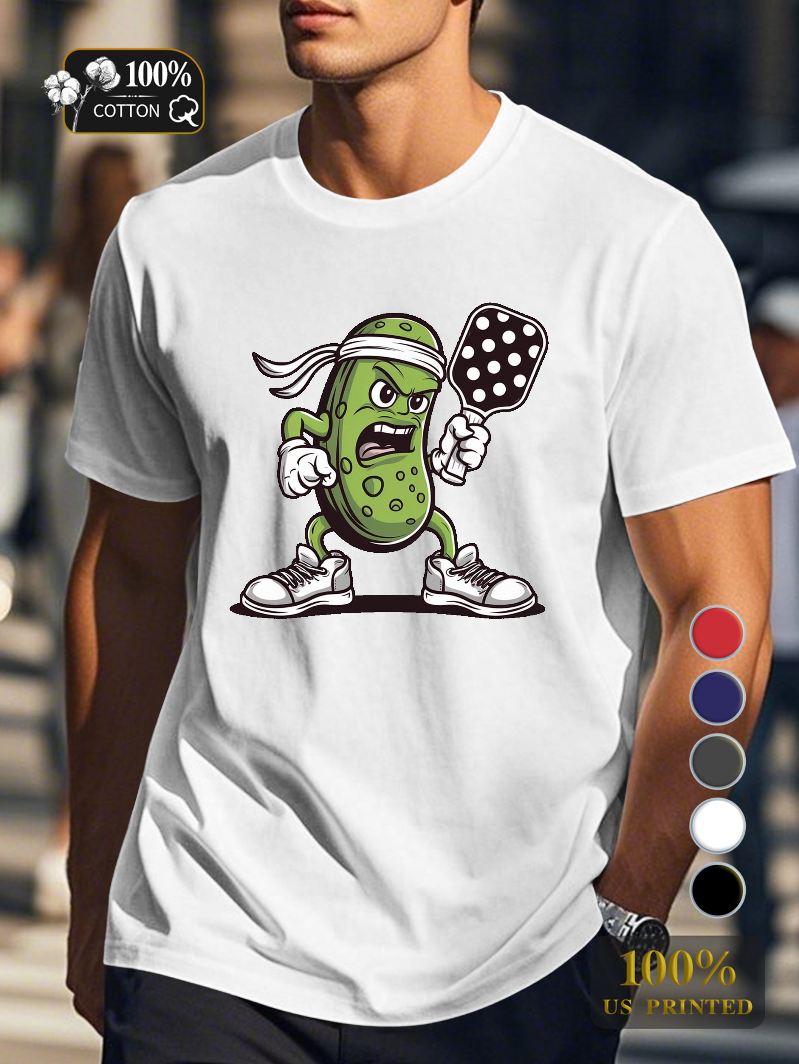 determined pickle character playing pickleball Men's pure cotton Tshirt Comfort Fit
