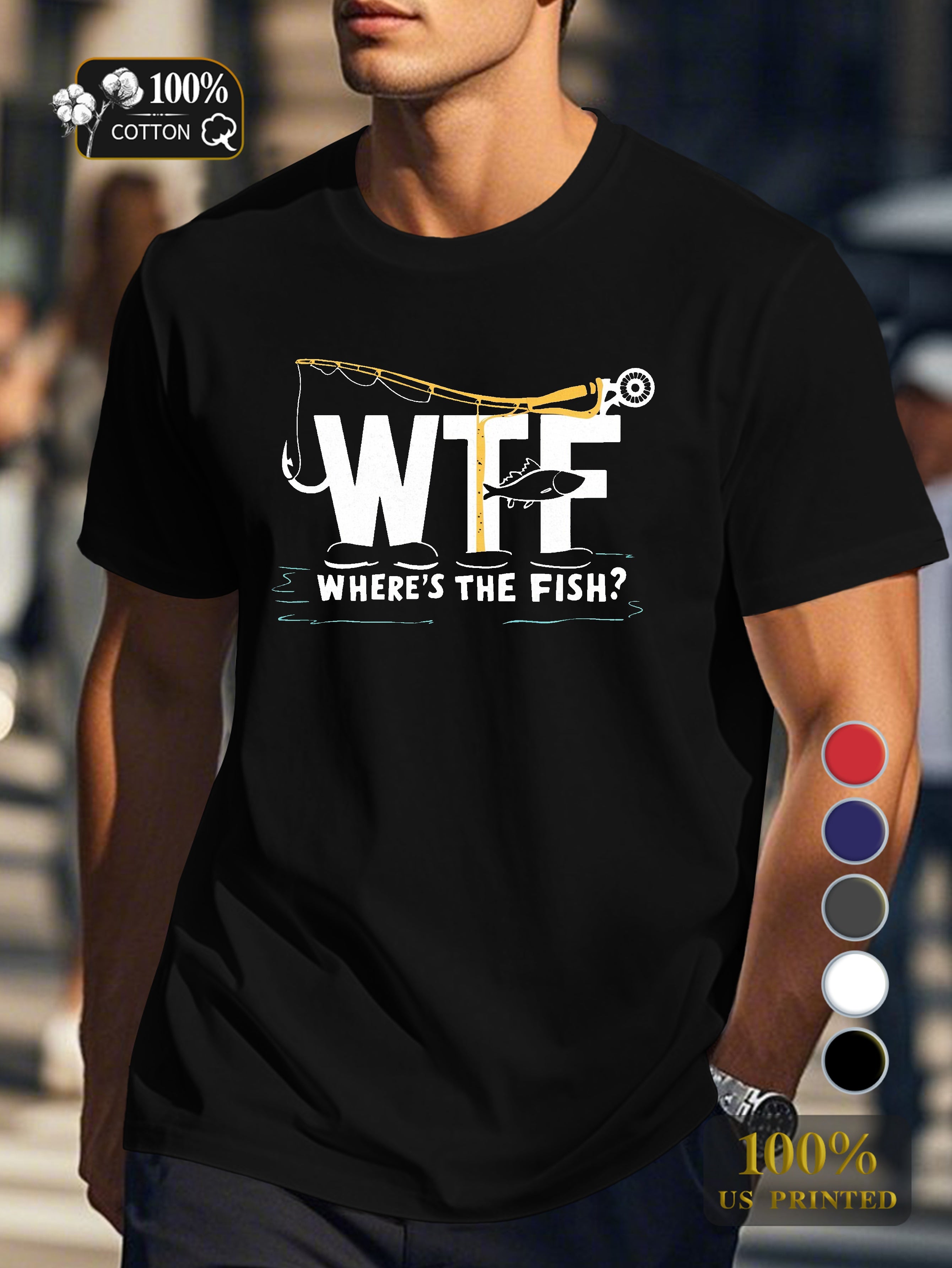 WTF fishing themed illustration Men's pure cotton Tshirt Comfort Fit