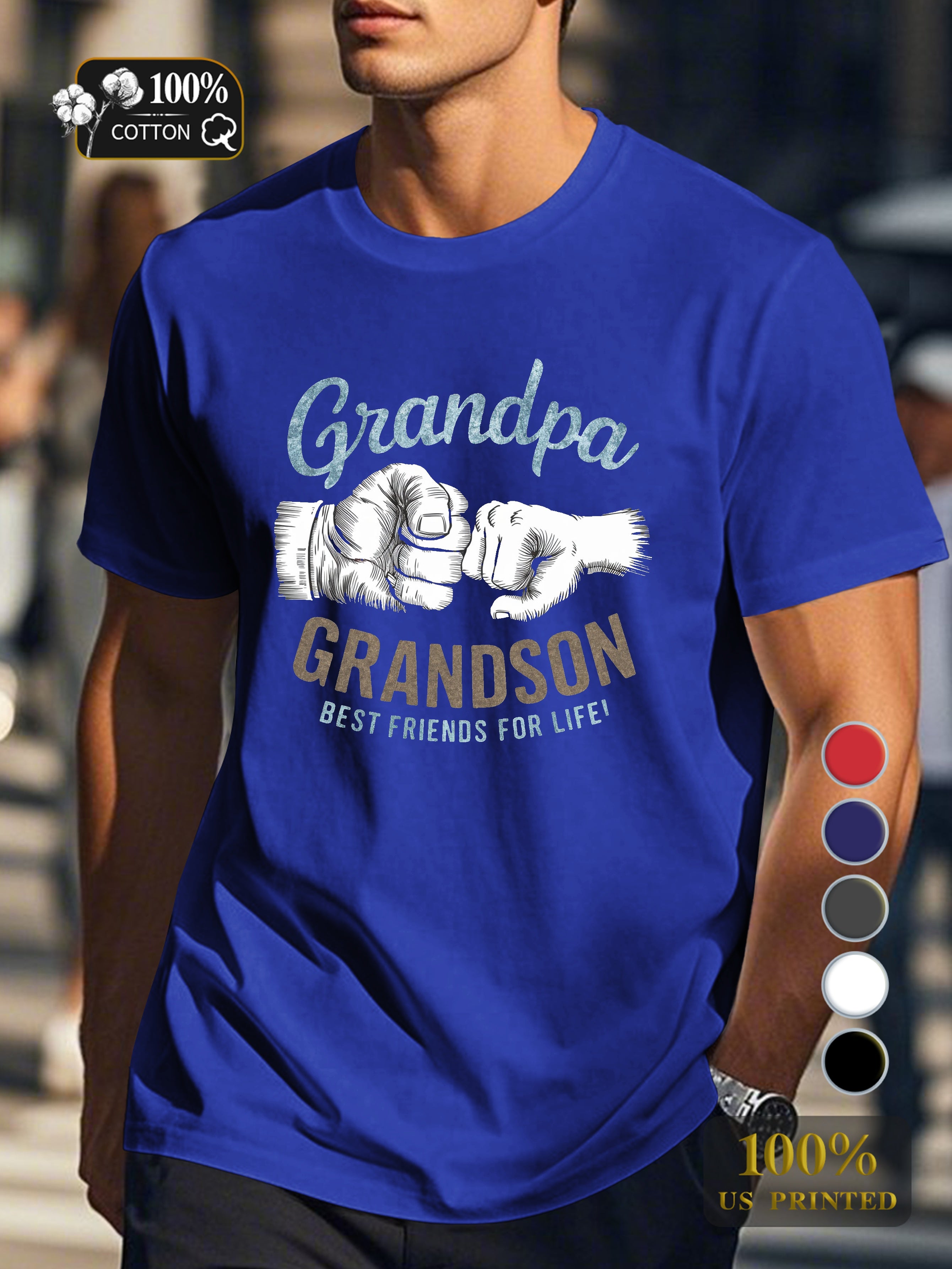 Grandpa and grandson illustration Men's pure cotton Tshirt Comfort Fit