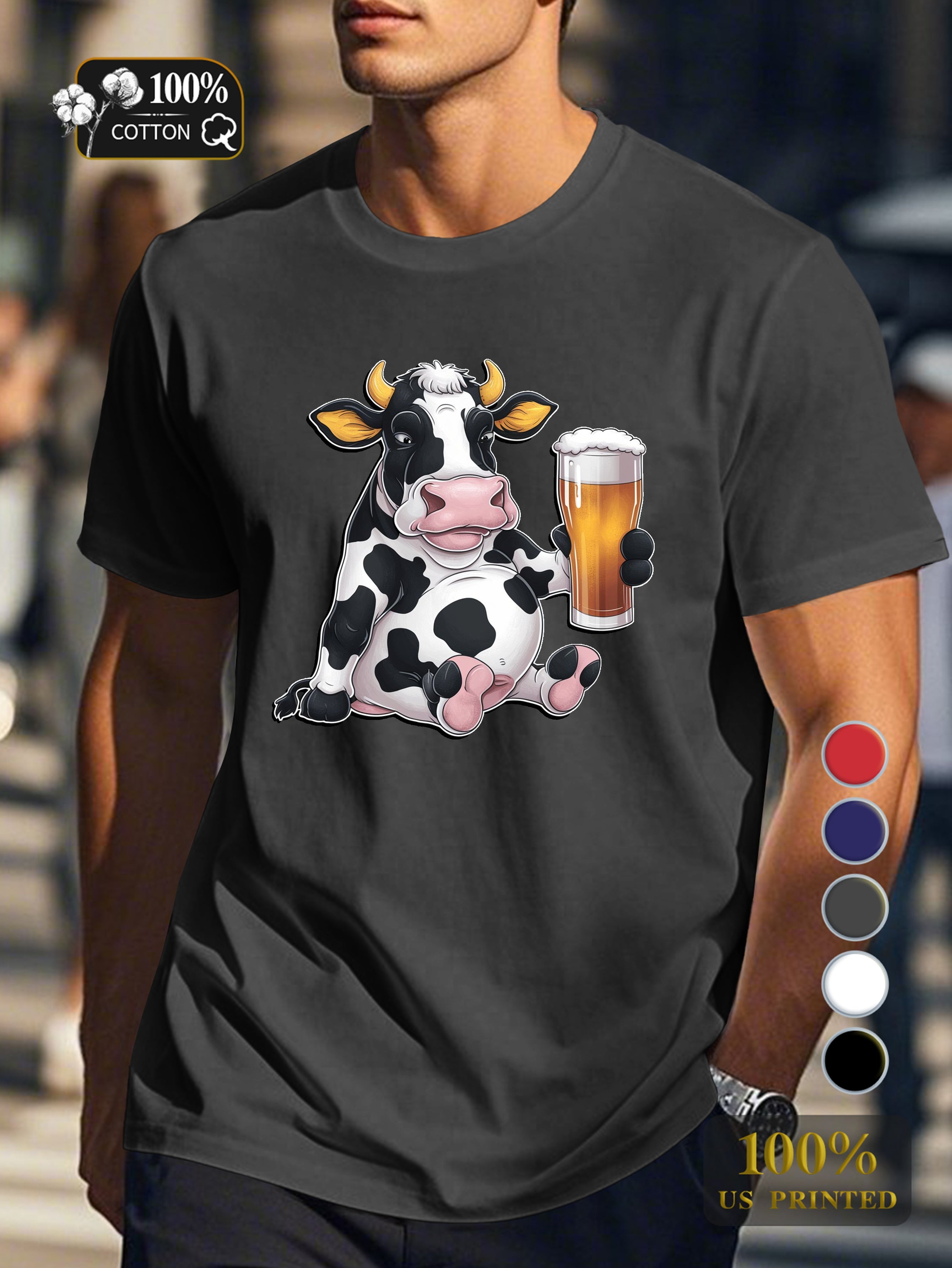anthropomorphic Holstein cow with beer Men's pure cotton Tshirt Comfort Fit