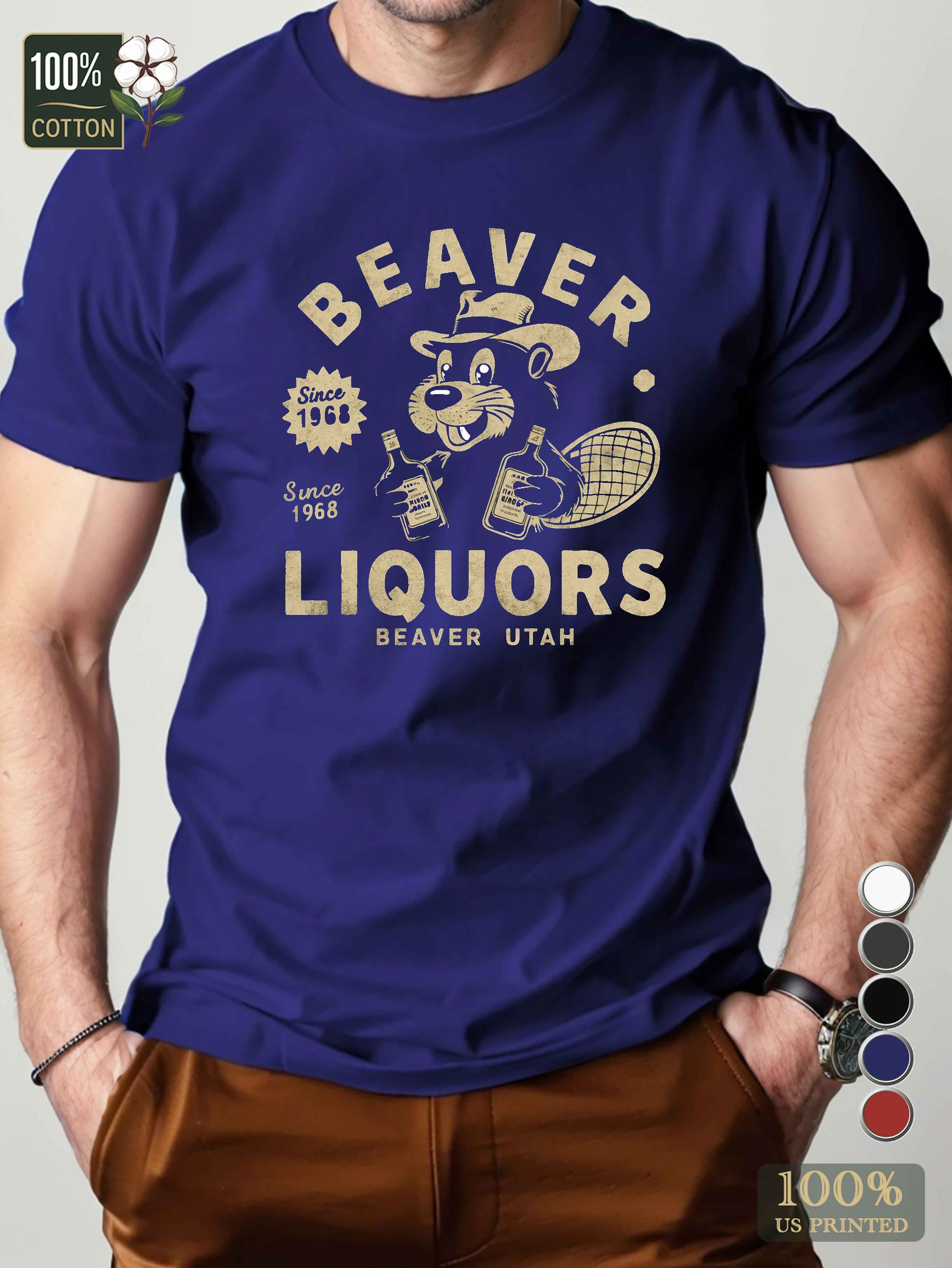 Cartoon beaver with liquor bottles Men's pure cotton Tshirt Comfort Fit