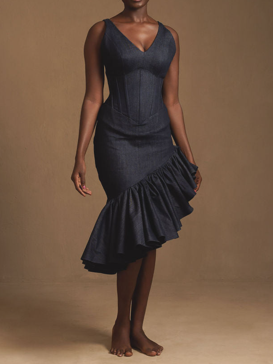 V-Neck Tight Waist Ruffle Irregular Dress