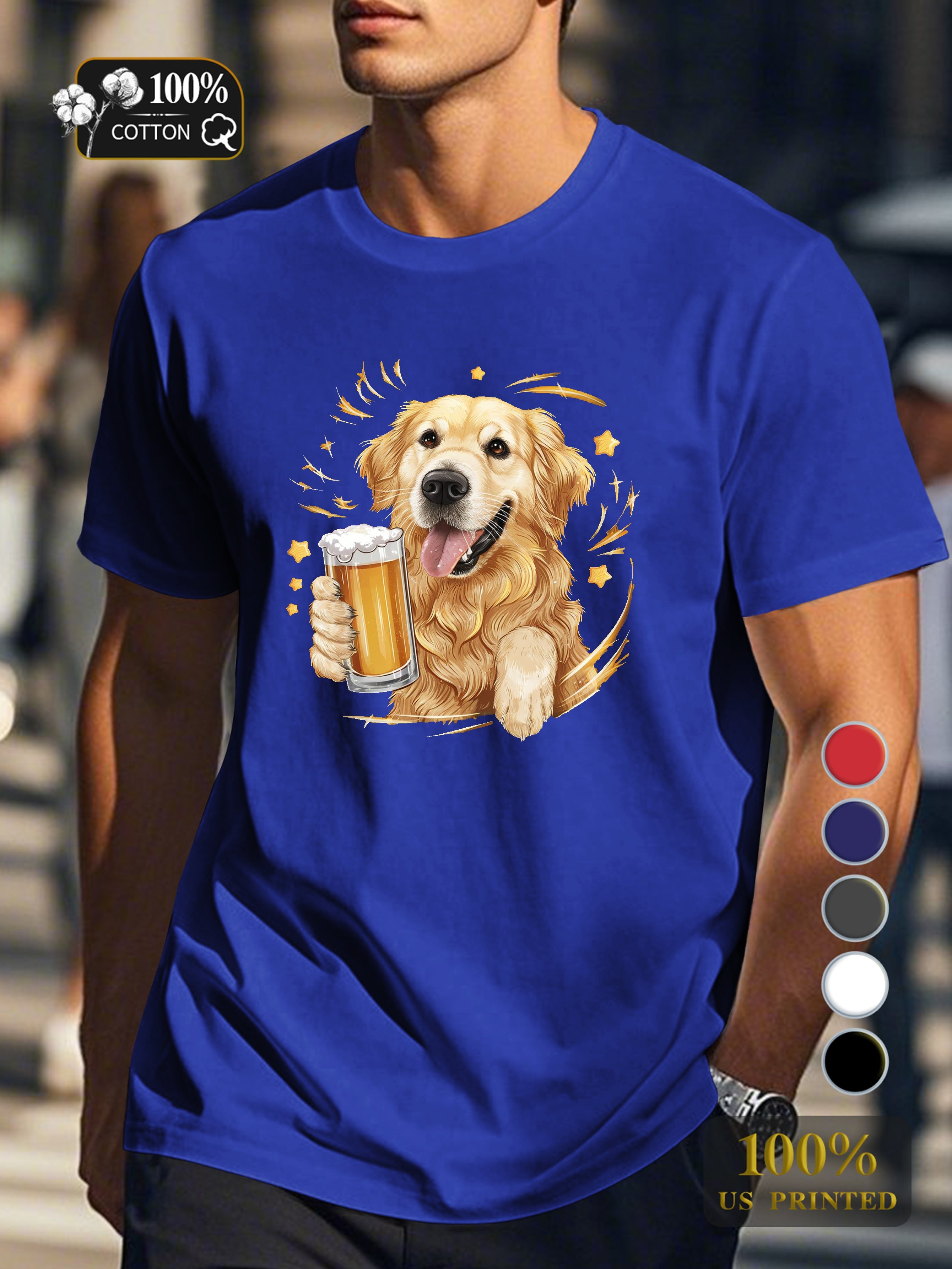 Golden retriever with beer Men's pure cotton Tshirt Comfort Fit