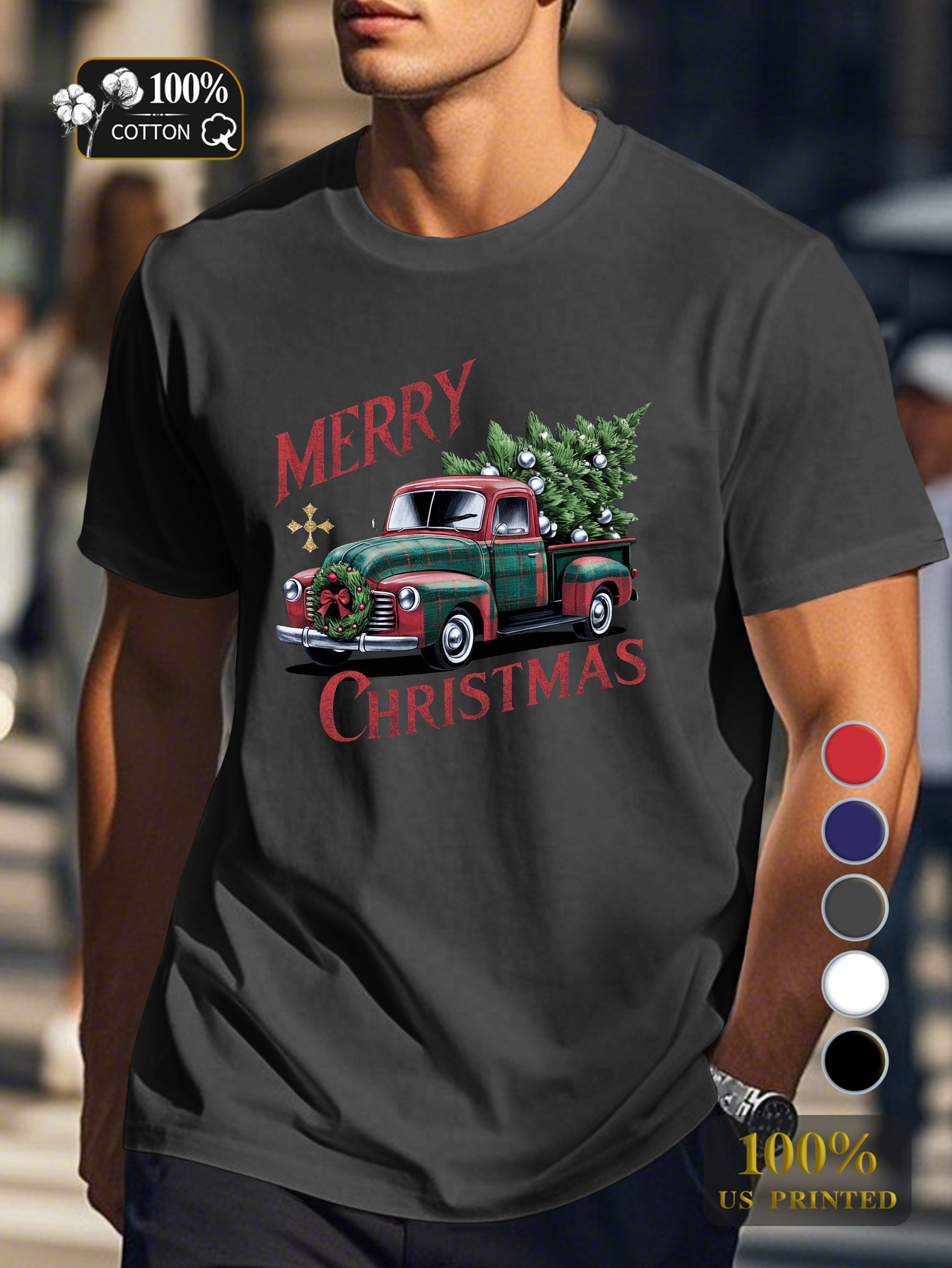 vintage Christmas red truck Men's pure cotton Tshirt Comfort Fit