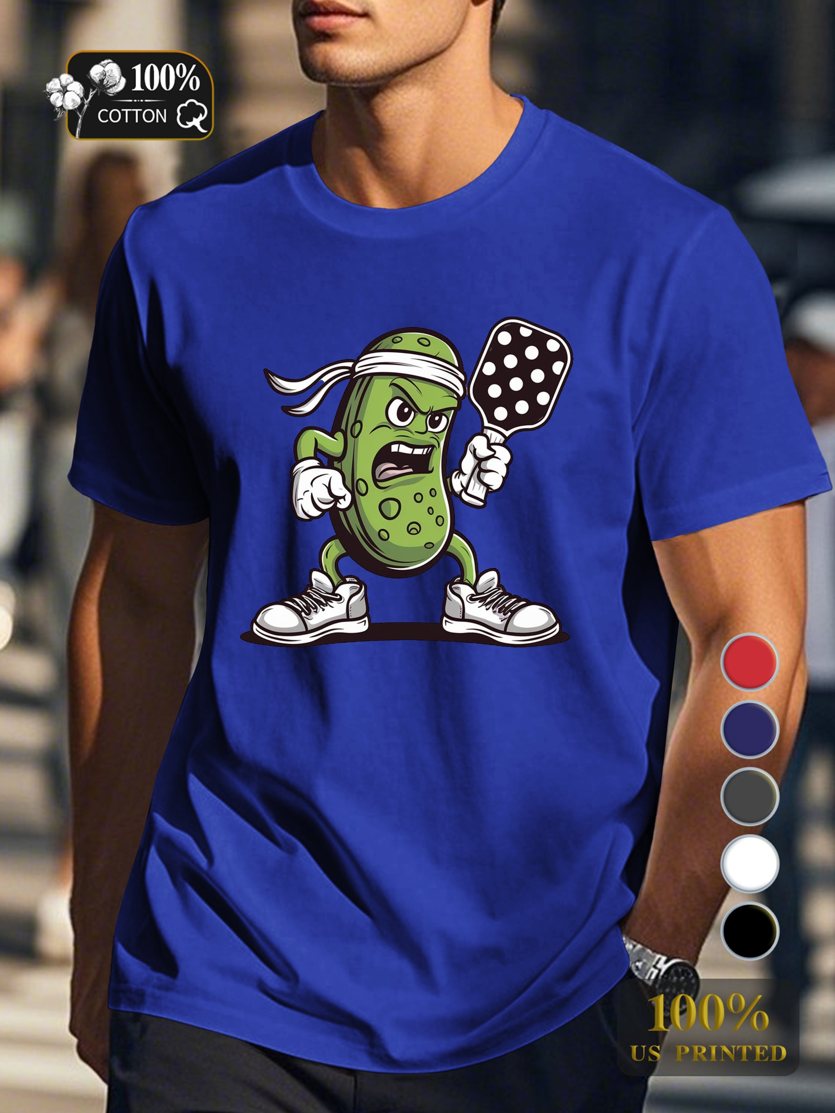 determined pickle character playing pickleball Men's pure cotton Tshirt Comfort Fit