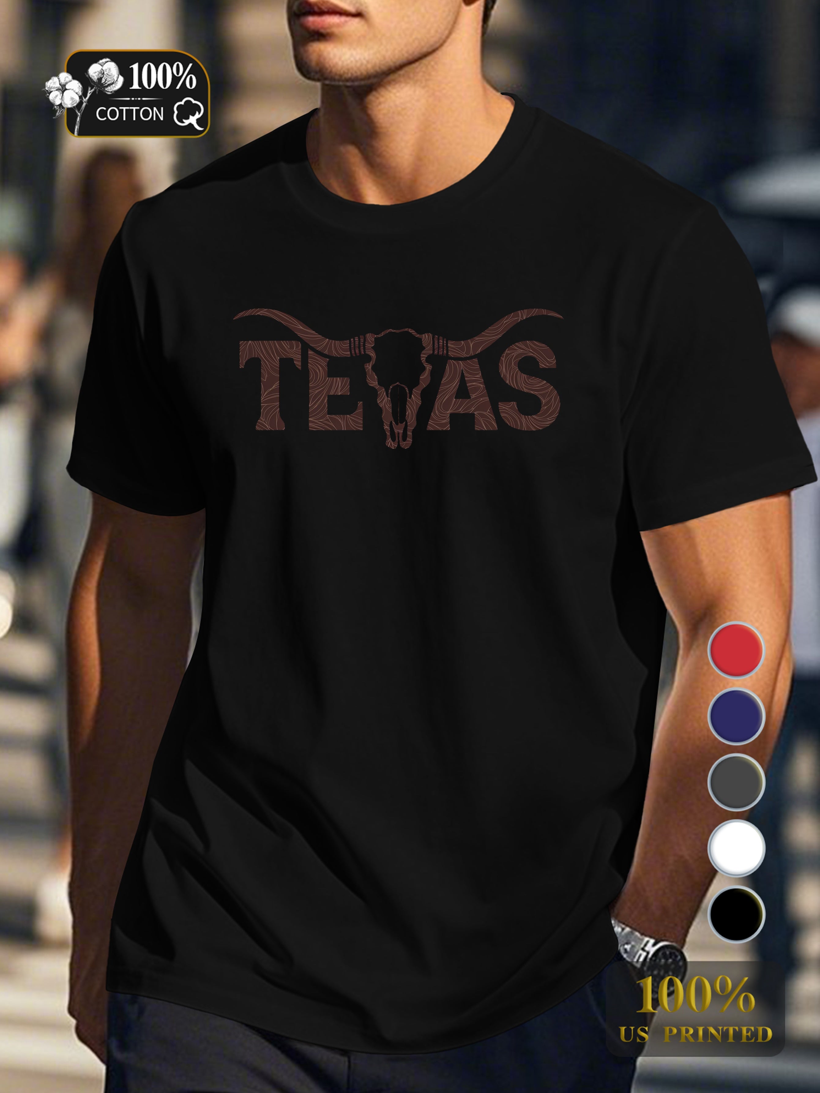 TEXAS with longhorn skull Men's pure cotton Tshirt Comfort Fit
