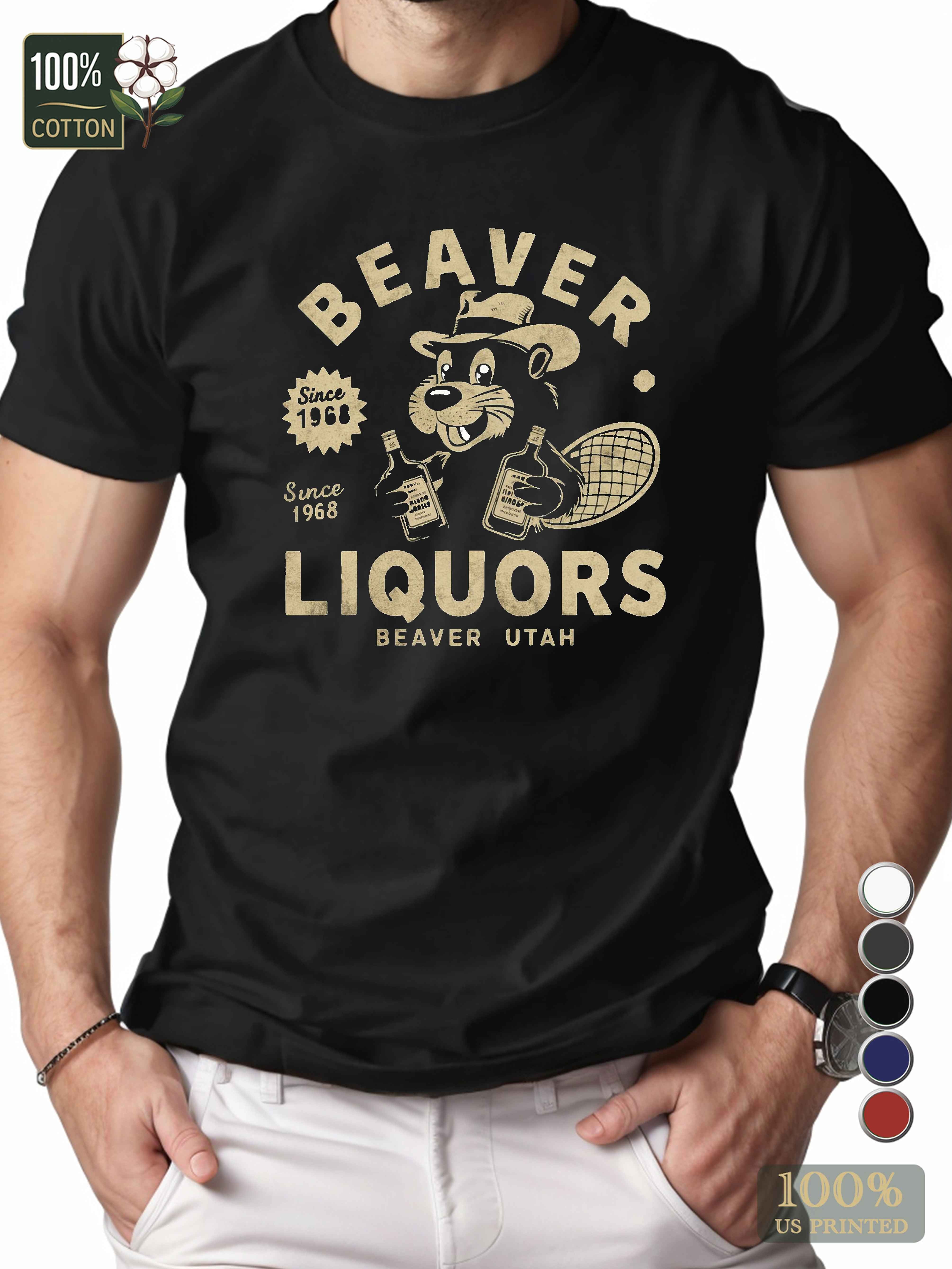 Cartoon beaver with liquor bottles Men's pure cotton Tshirt Comfort Fit