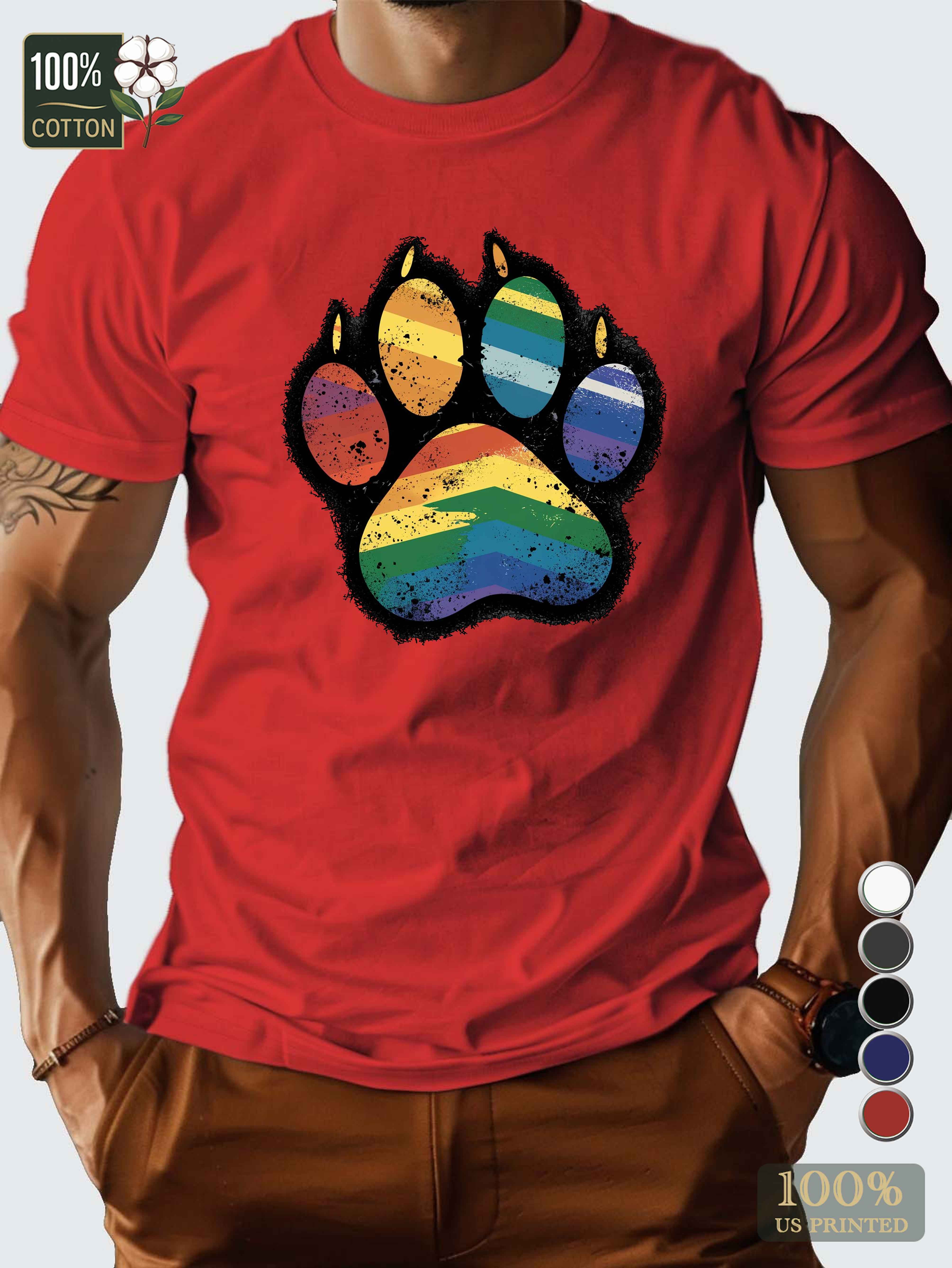 rainbow colored paw print design Men's pure cotton Tshirt Comfort Fit