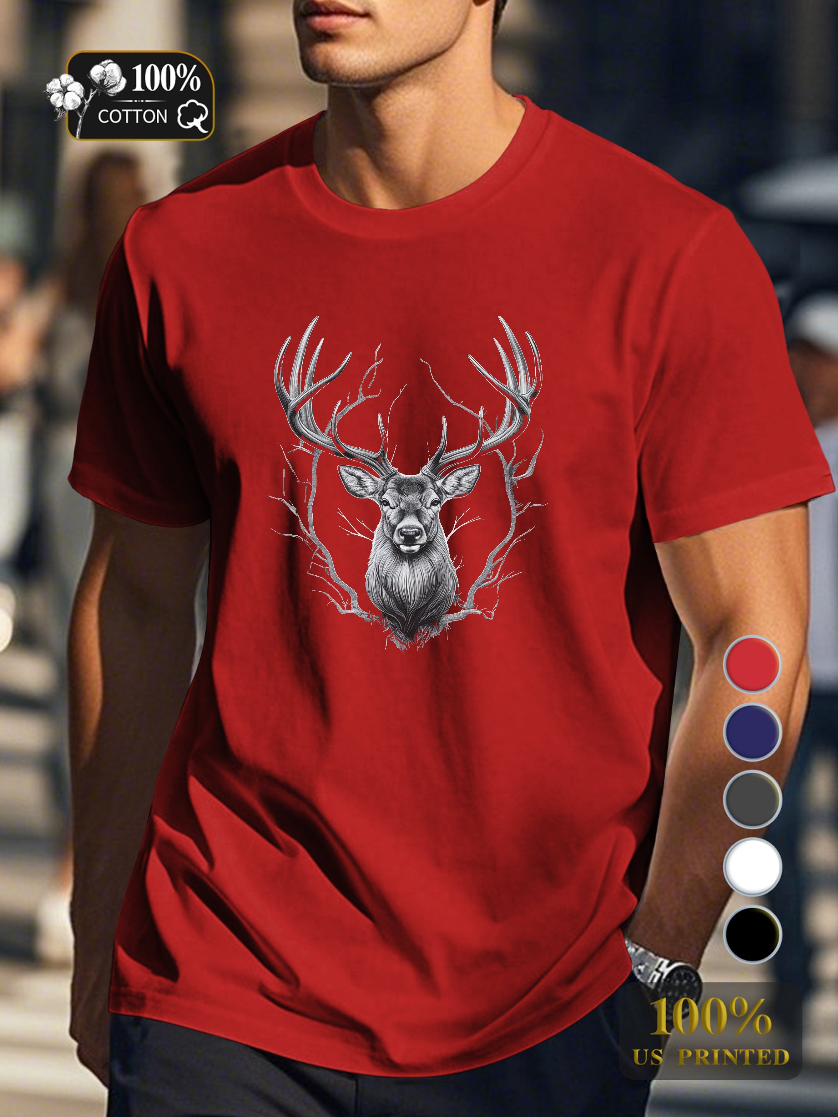 Majestic deer head illustration Men's pure cotton Tshirt Comfort Fit