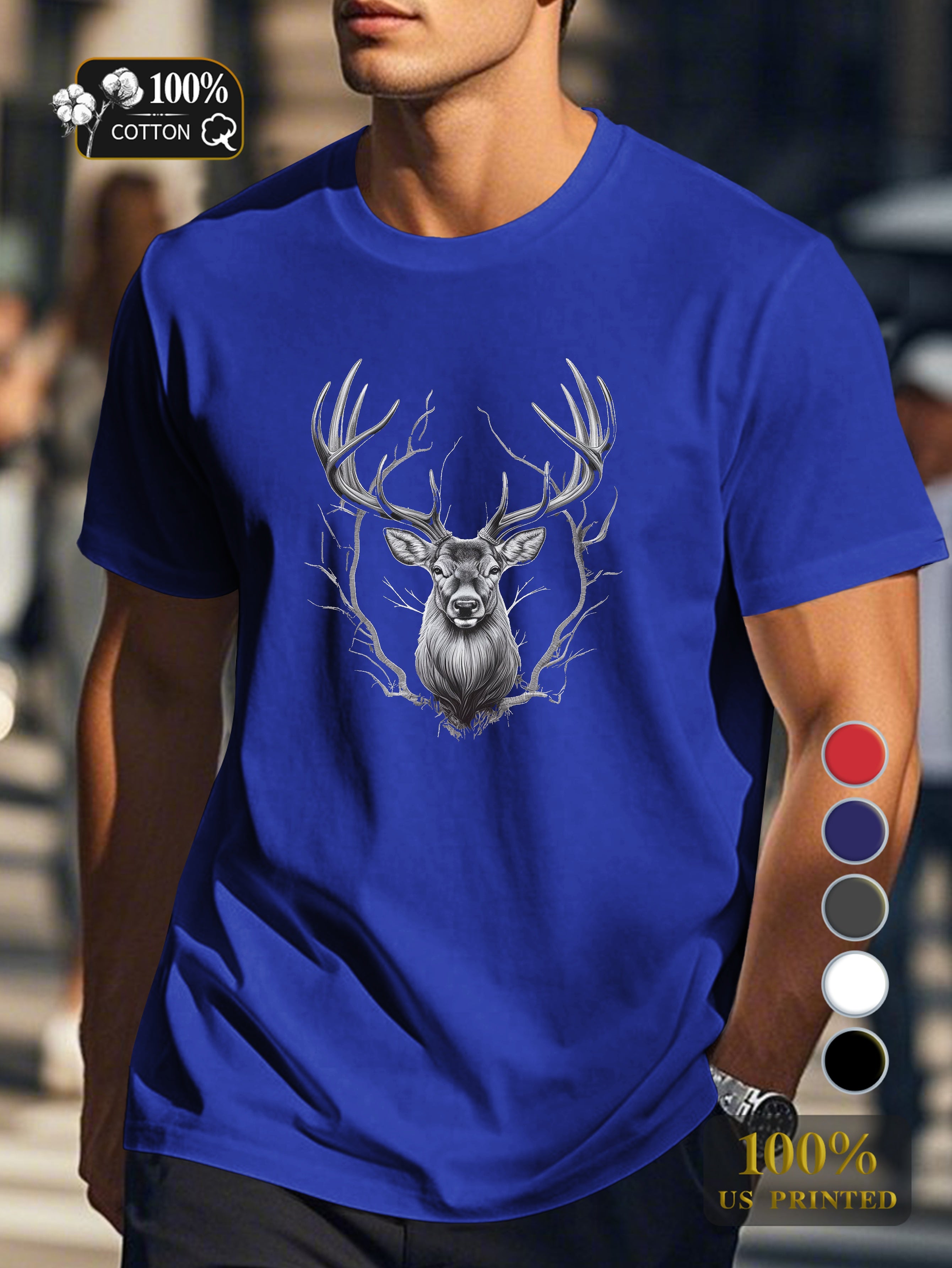 Majestic deer head illustration Men's pure cotton Tshirt Comfort Fit