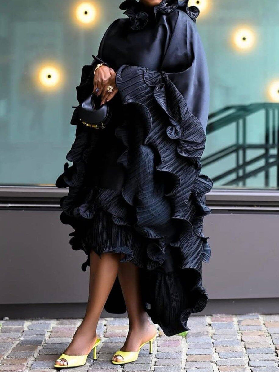 Spiral-hem Pleated Frills Loose Maxi Dress