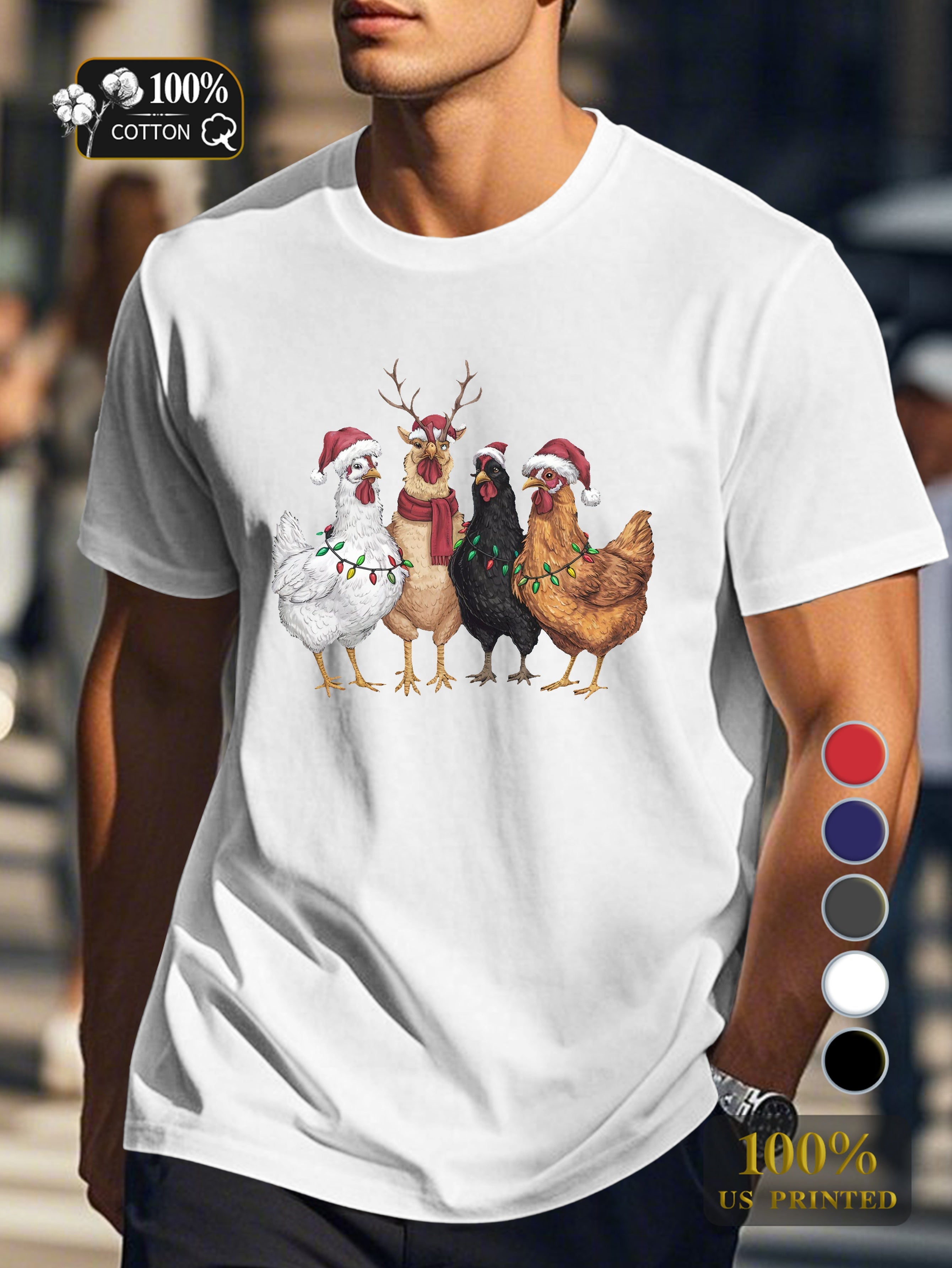 Festive chickens with Christmas lights Men's pure cotton Tshirt Comfort Fit
