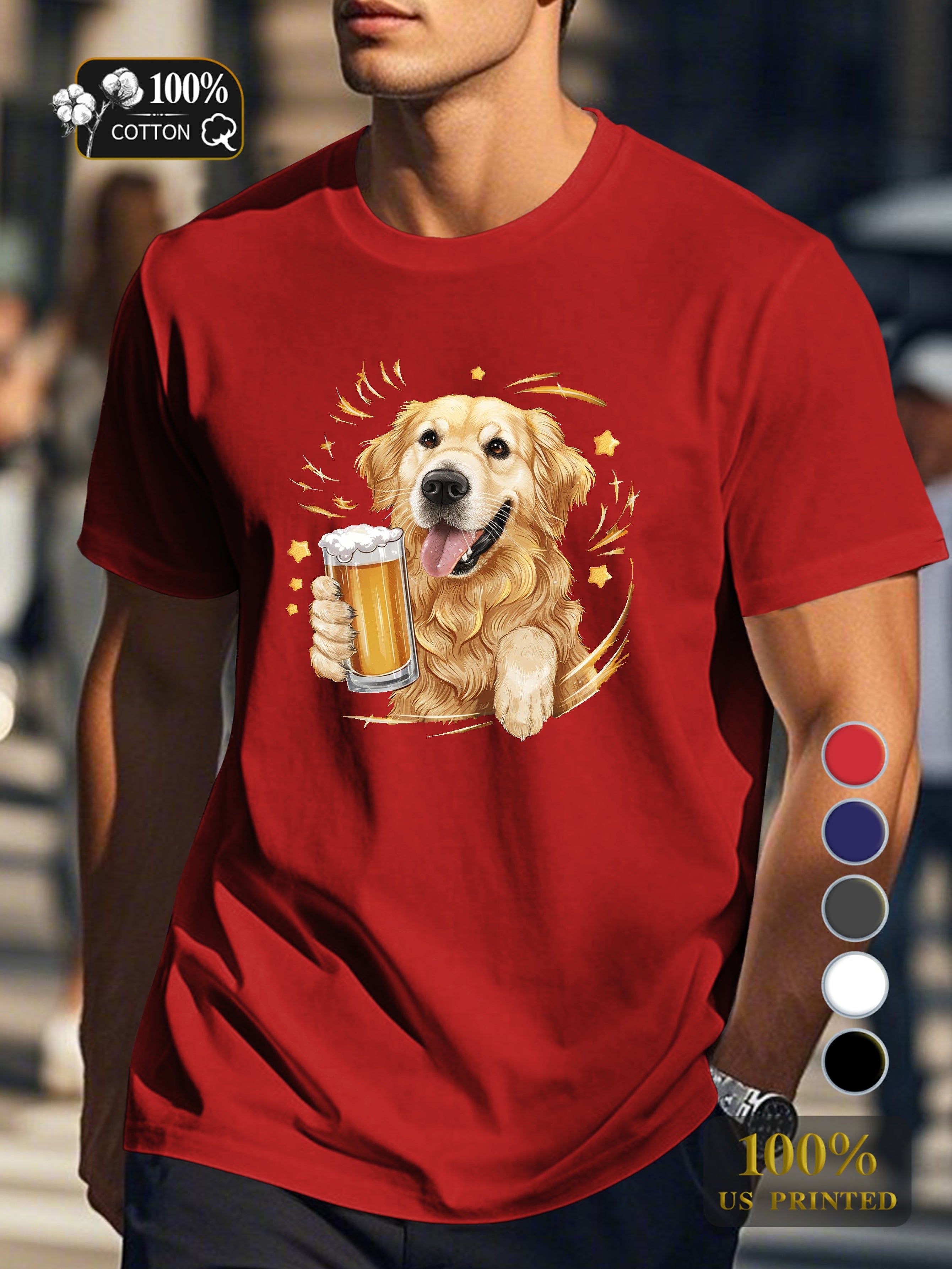 Golden retriever with beer Men's pure cotton Tshirt Comfort Fit